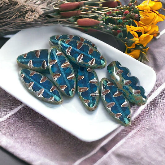 Capri Blue Oval Beads, Blue Textured Spindle Bead, Capri Blue Picasso Bead, 17x8mm Blue Czech Beads, Czech Glass Beads (TSpndl5) * Qty. 8