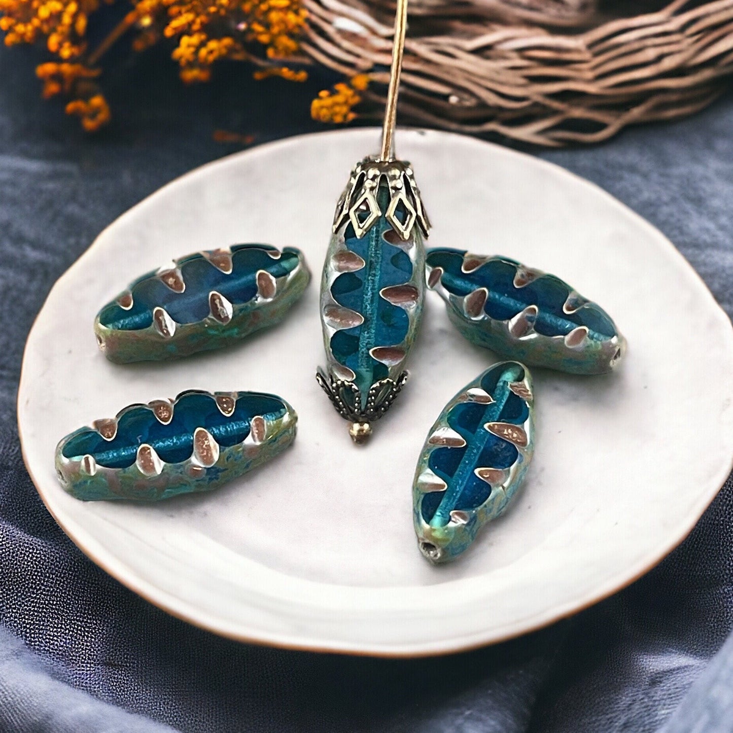 Capri Blue Oval Beads, Blue Textured Spindle Bead, Capri Blue Picasso Bead, 17x8mm Blue Czech Beads, Czech Glass Beads (TSpndl5) * Qty. 8