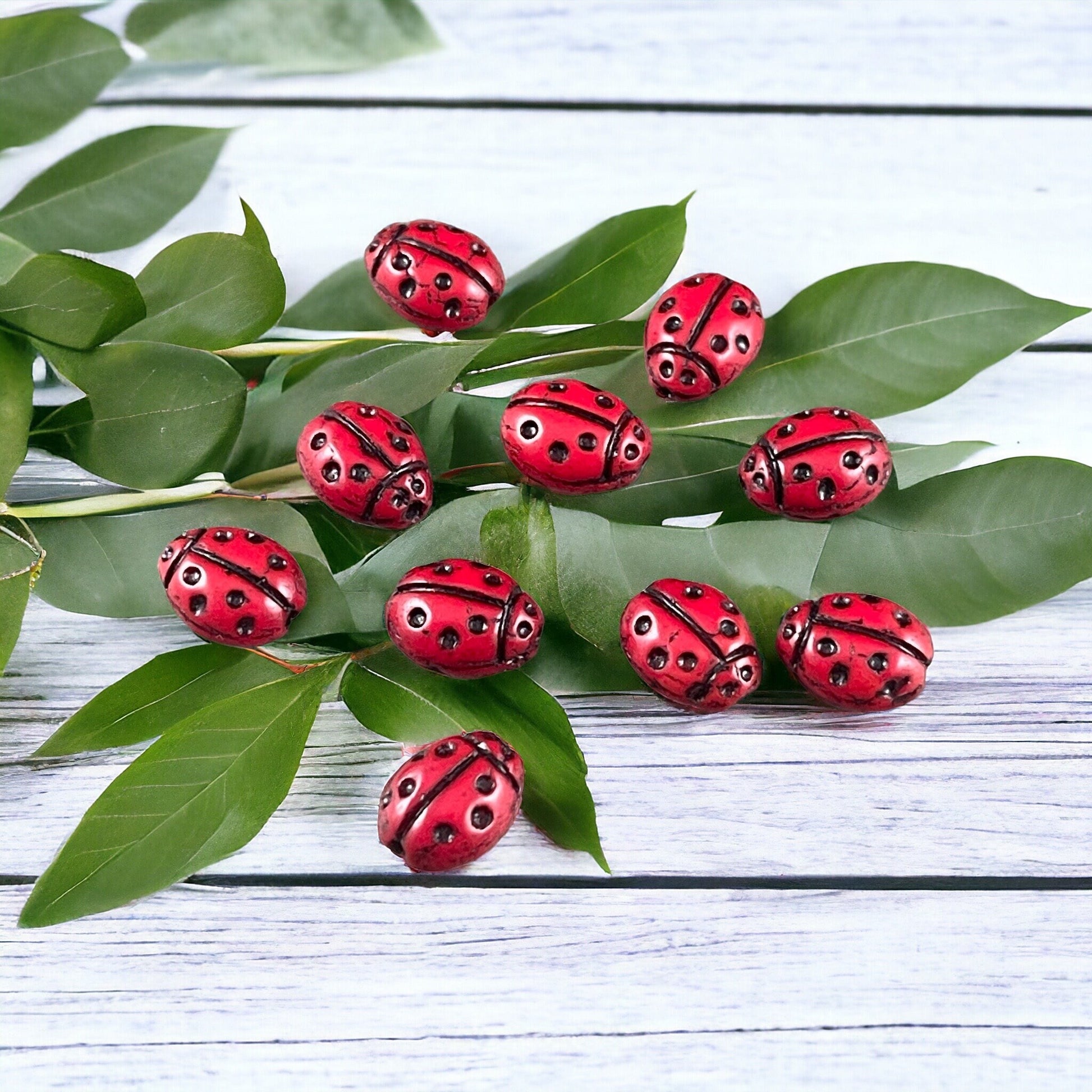 Lady Bug Beads, Czech Glass Ladybug Beads, Red Lady Bugs, Red and Black Beads, Czech Glass Beads, Specialty Czech Beads (RJ-4268) Qty. 10