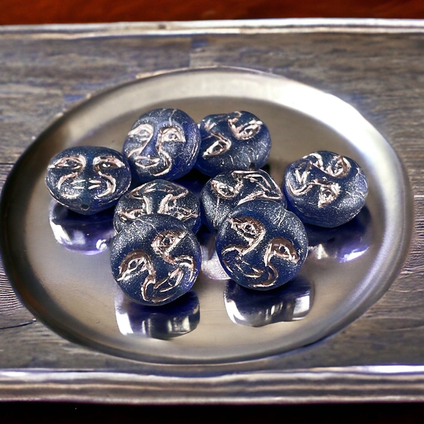 Czech Glass Beads - Dark Blue Man in the Moon, Moon Face Beads, Matte Cobalt Glass with Platinum Wash (MOON/RJ-4749) * Qty. 8