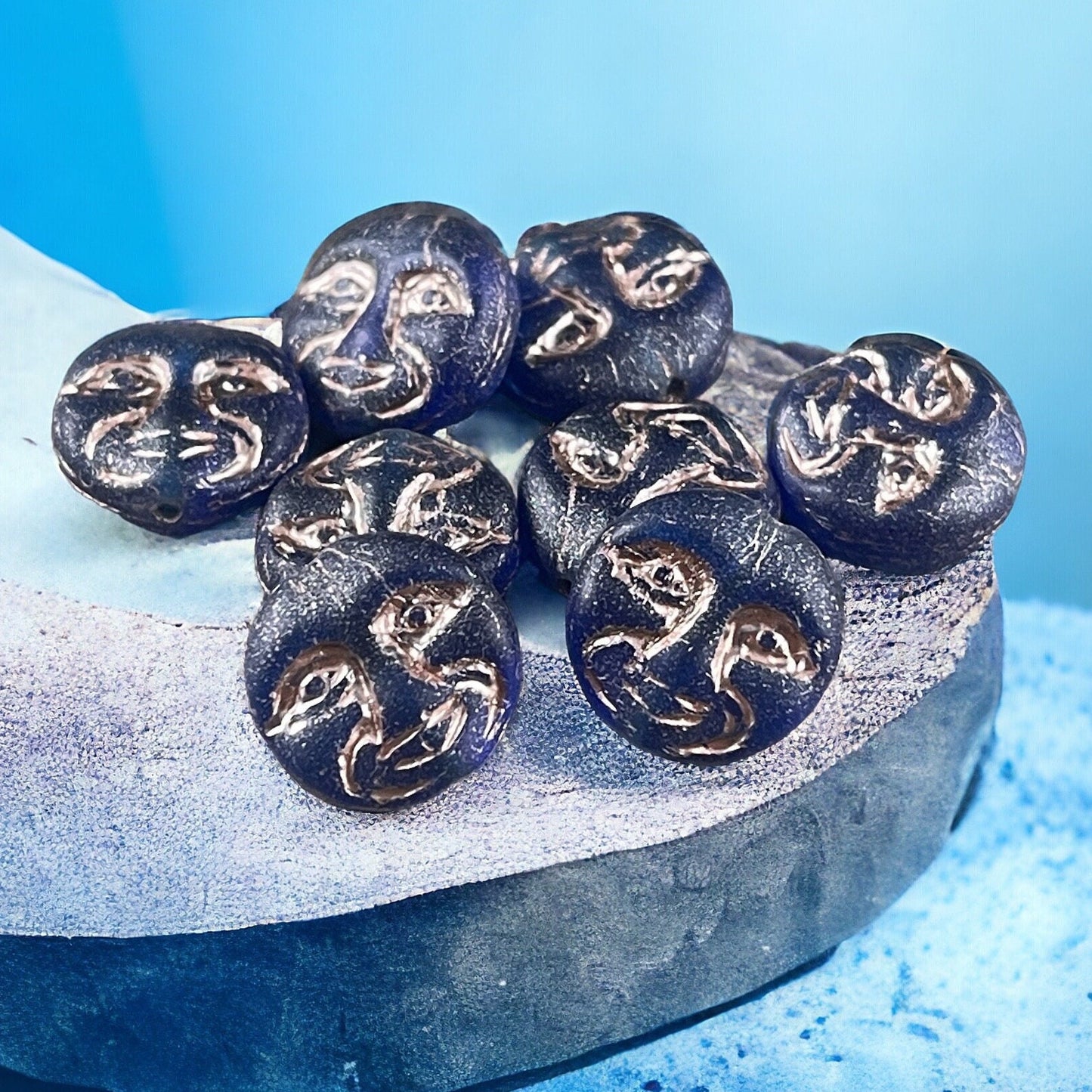 Czech Glass Beads - Dark Blue Man in the Moon, Moon Face Beads, Matte Cobalt Glass with Platinum Wash (MOON/RJ-4749) * Qty. 8