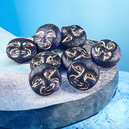 Czech Glass Beads - Dark Blue Man in the Moon, Moon Face Beads, Matte Cobalt Glass with Platinum Wash (MOON/RJ-4749) * Qty. 8