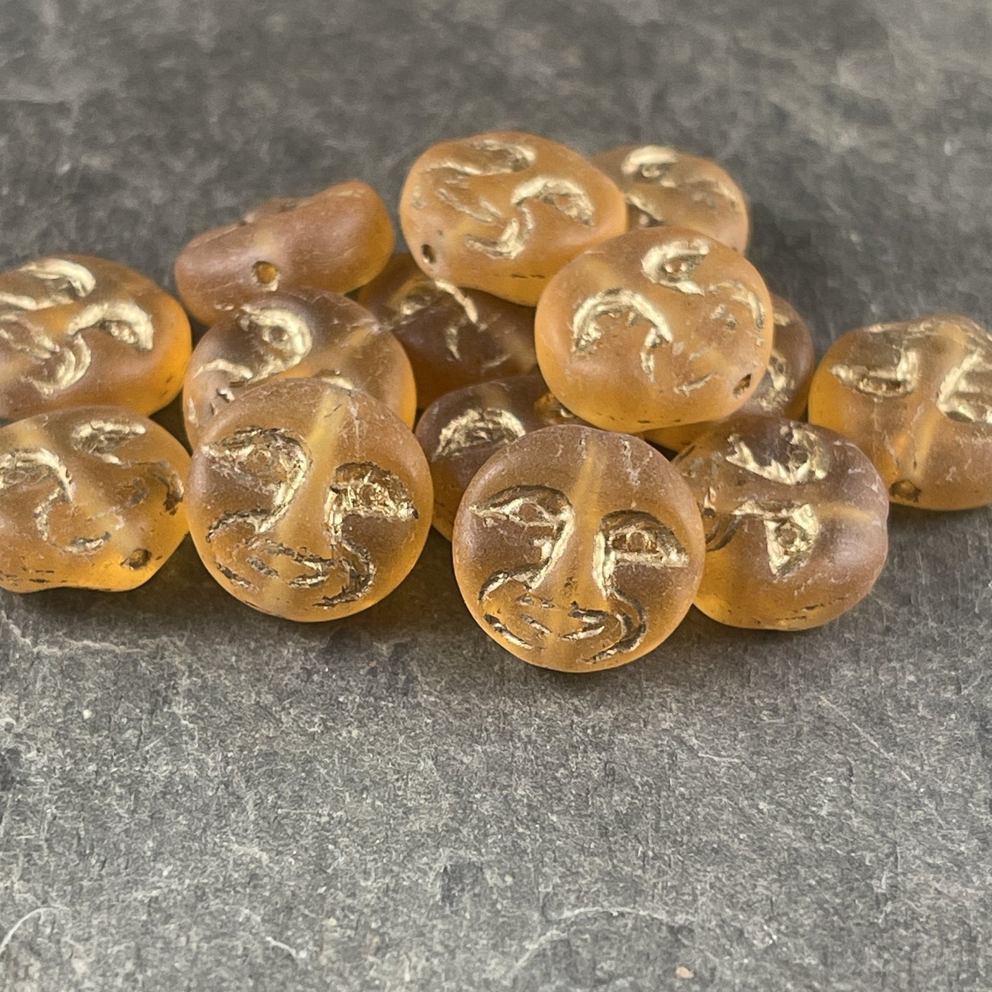 Man in the Moon Face Beads ~ Czech Glass Beads - Transparent Matte Honey Gold with Metallic Gold Wash (MISC/RJ-5006) * Qty. 6