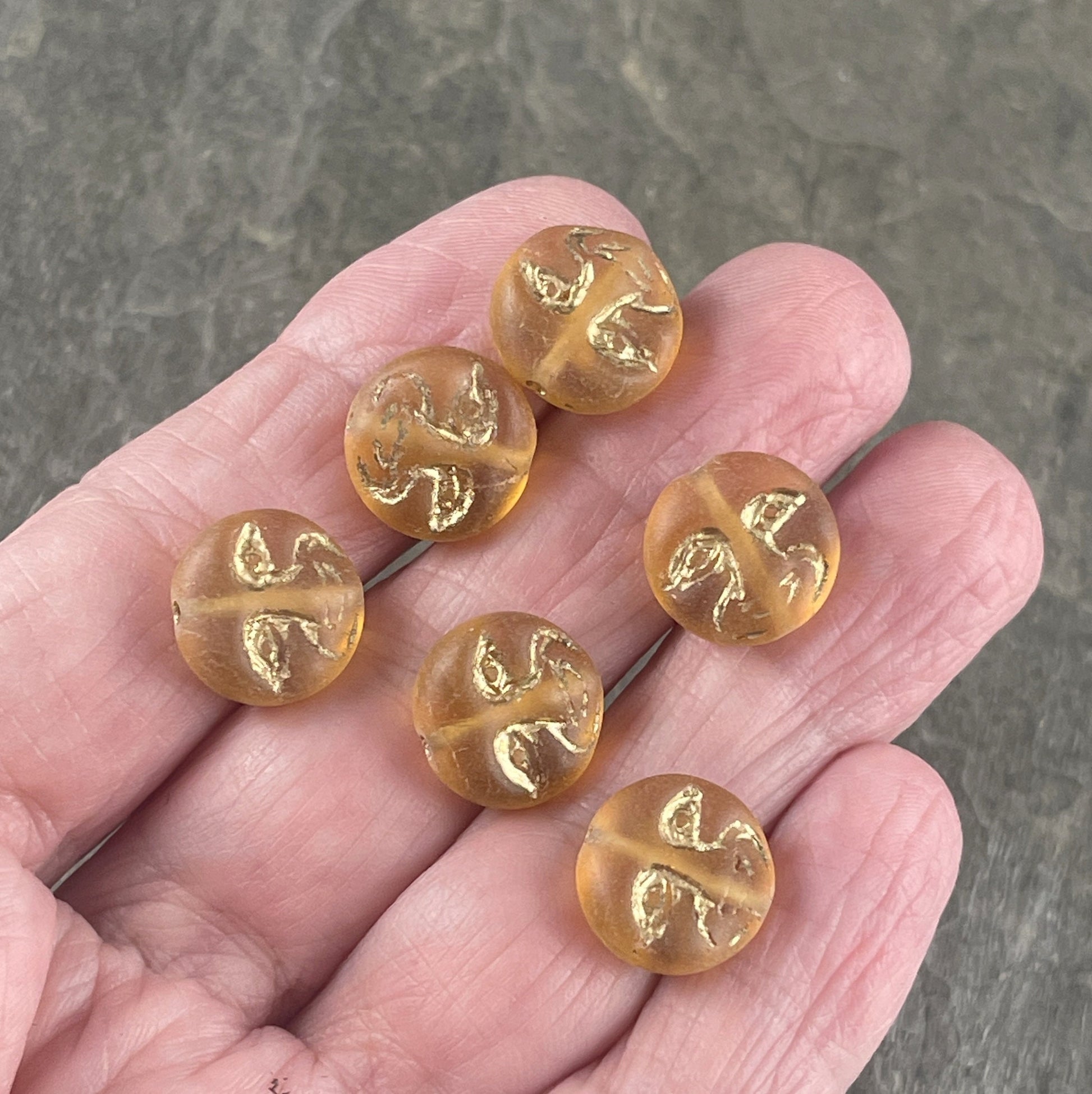 Man in the Moon Face Beads ~ Czech Glass Beads - Transparent Matte Honey Gold with Metallic Gold Wash (MISC/RJ-5006) * Qty. 6