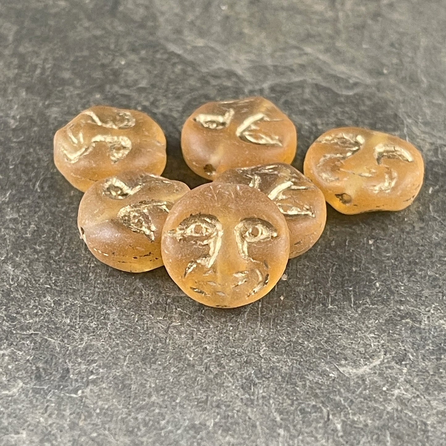 Man in the Moon Face Beads ~ Czech Glass Beads - Transparent Matte Honey Gold with Metallic Gold Wash (MISC/RJ-5006) * Qty. 6