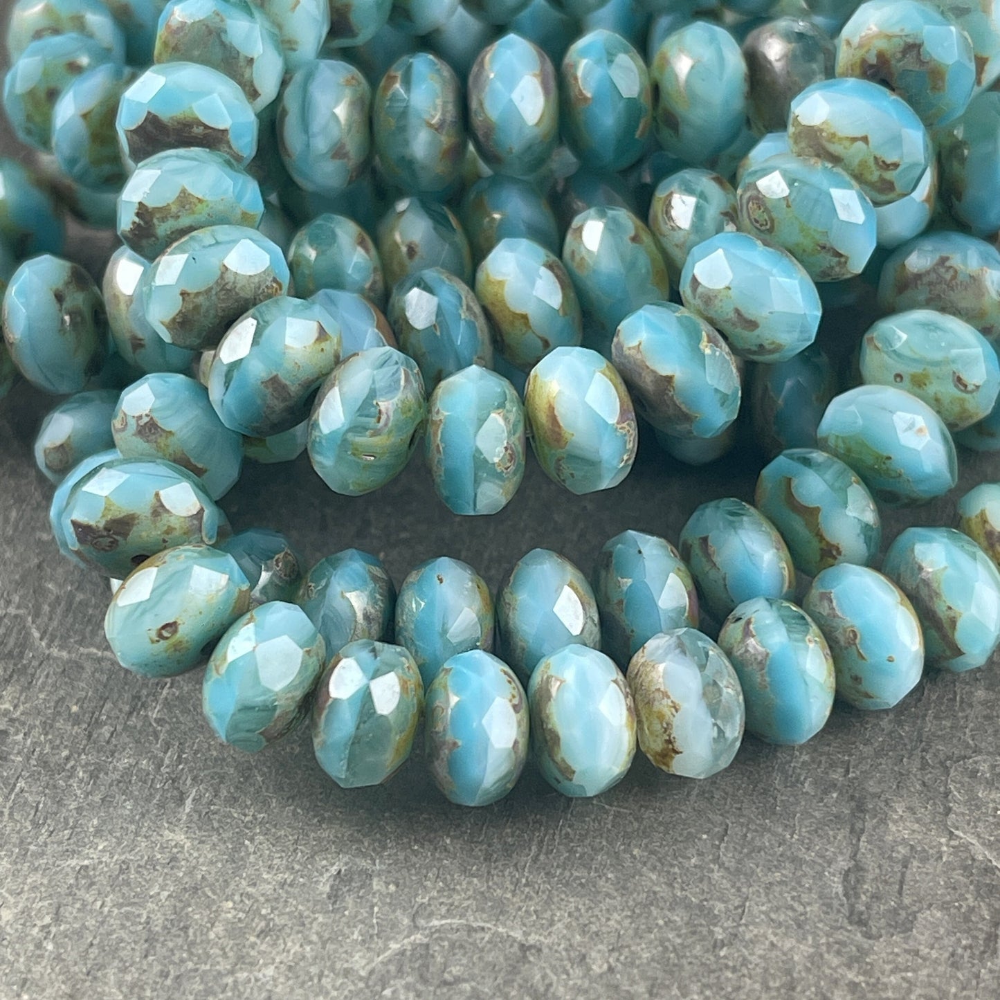 Czech Glass Beads - Light Blue and White Faceted Rondelles, 8x6mm Larimar Blue Vaseline Rondelle with Rustic Picasso (R8/RJ-2742) *