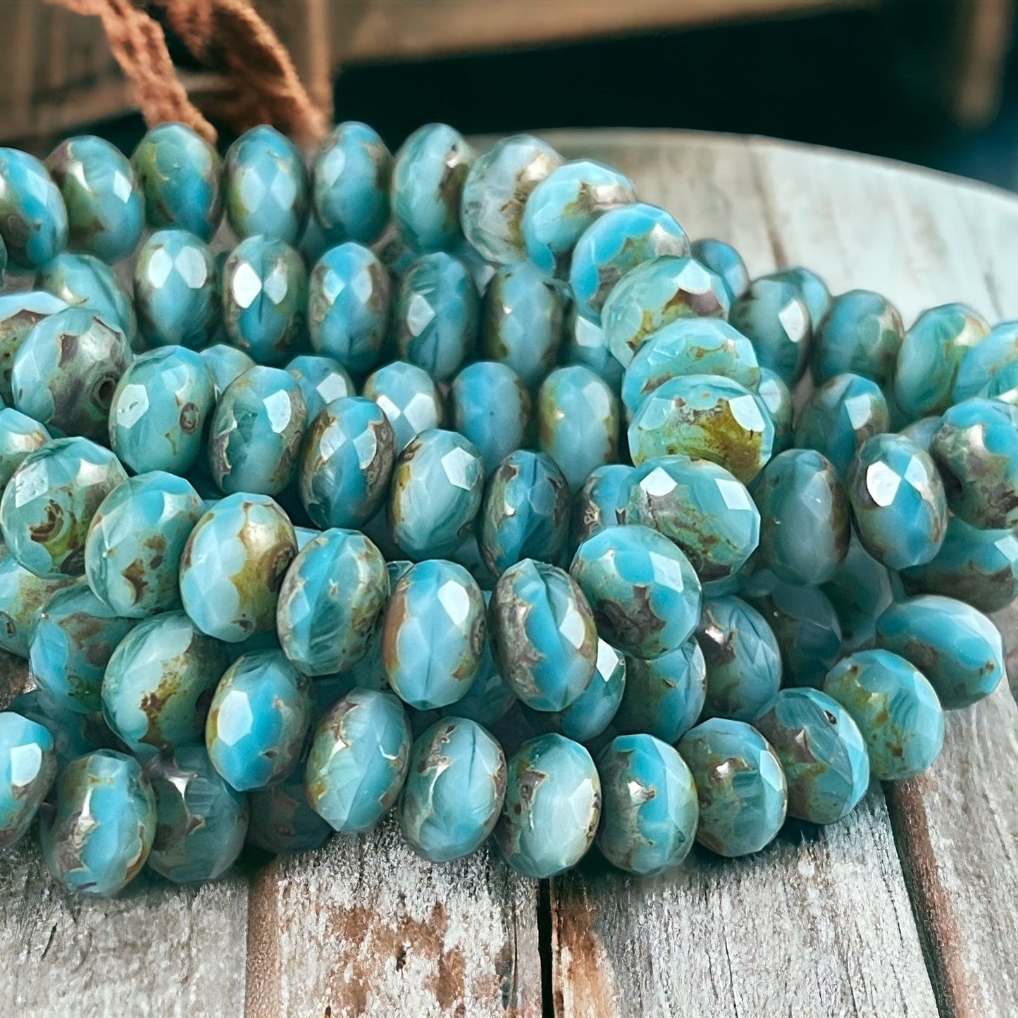 Czech Glass Beads - Light Blue and White Faceted Rondelles, 8x6mm Larimar Blue Vaseline Rondelle with Rustic Picasso (R8/RJ-2742) *