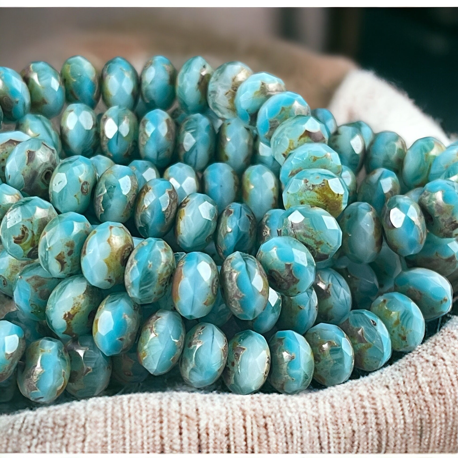Czech Glass Beads - Light Blue and White Faceted Rondelles, 8x6mm Larimar Blue Vaseline Rondelle with Rustic Picasso (R8/RJ-2742) *