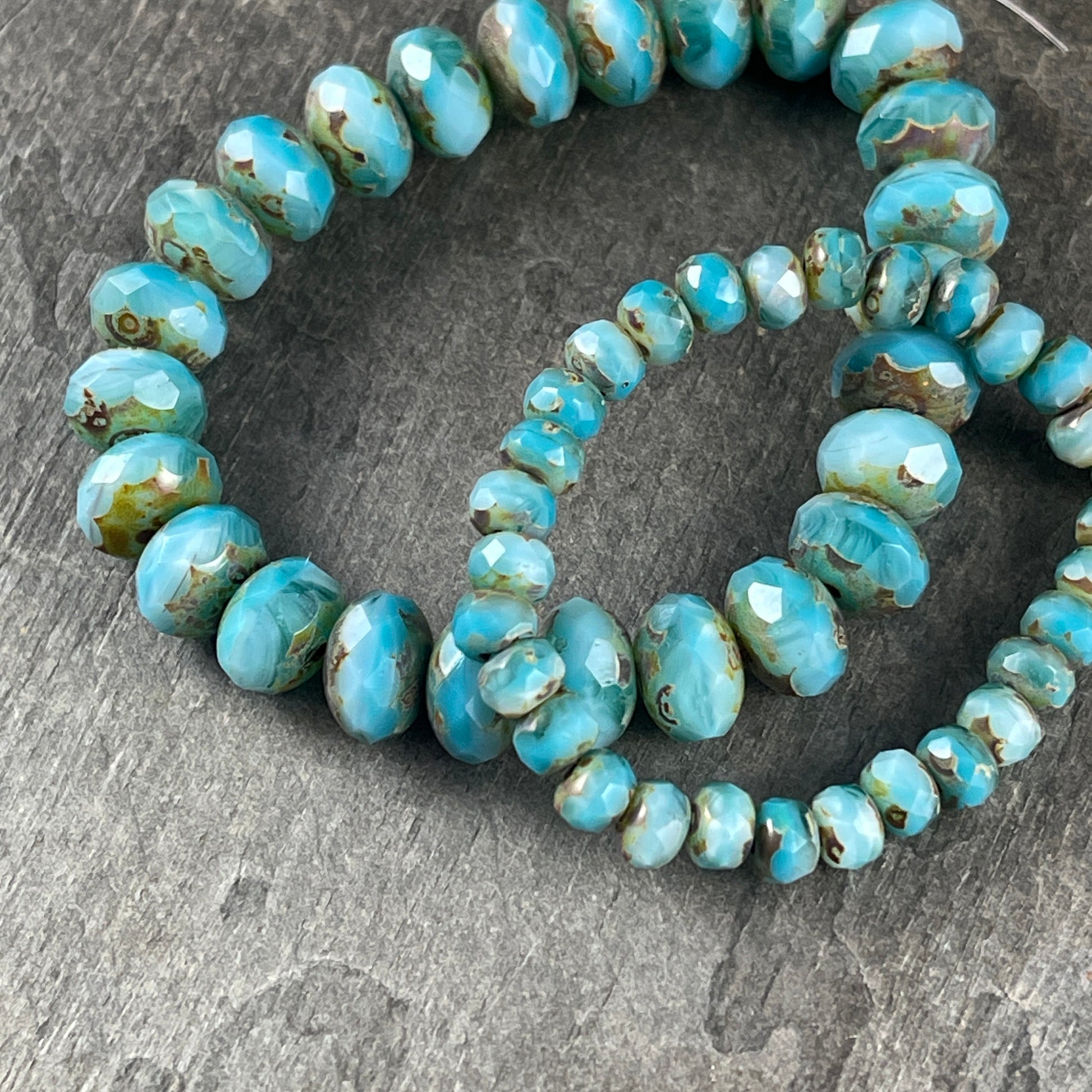 Czech Glass Beads - Light Blue and White Faceted Rondelles, 8x6mm Larimar Blue Vaseline Rondelle with Rustic Picasso (R8/RJ-2742) *