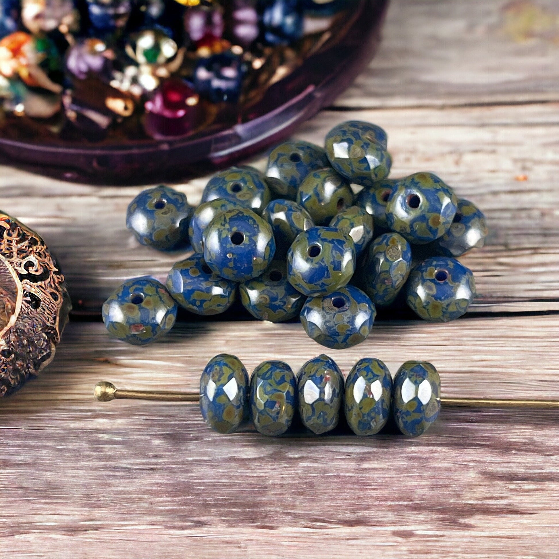 Czech Glass Beads - 7x5mm Navy Blue and Green Faceted Rondelles ~ Cobalt Blue Glass Beads with Full Picasso (R7/OB-101) * Qty. 25