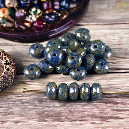 Czech Glass Beads - 7x5mm Navy Blue and Green Faceted Rondelles ~ Cobalt Blue Glass Beads with Full Picasso (R7/OB-101) * Qty. 25