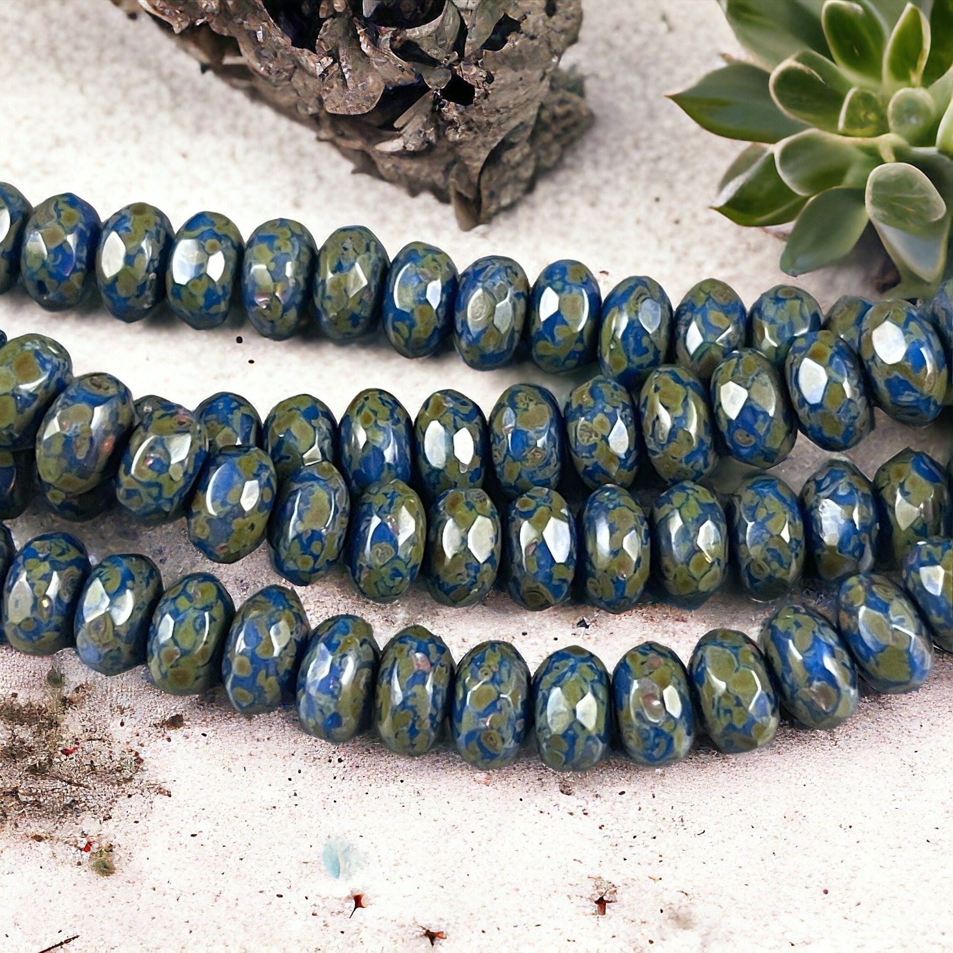 Czech Glass Beads - 7x5mm Navy Blue and Green Faceted Rondelles ~ Cobalt Blue Glass Beads with Full Picasso (R7/OB-101) * Qty. 25