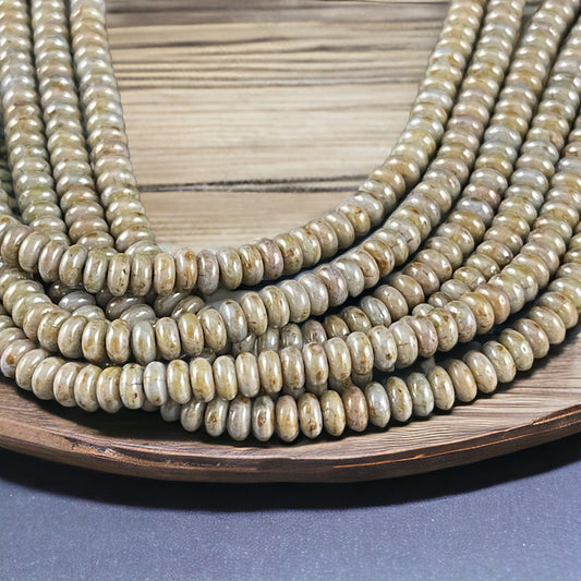 Czech Beads - 4x2mm Heishi Rondelle, Opaque Green Luster Picasso (RD4/SM-P65431) * Qty. 100