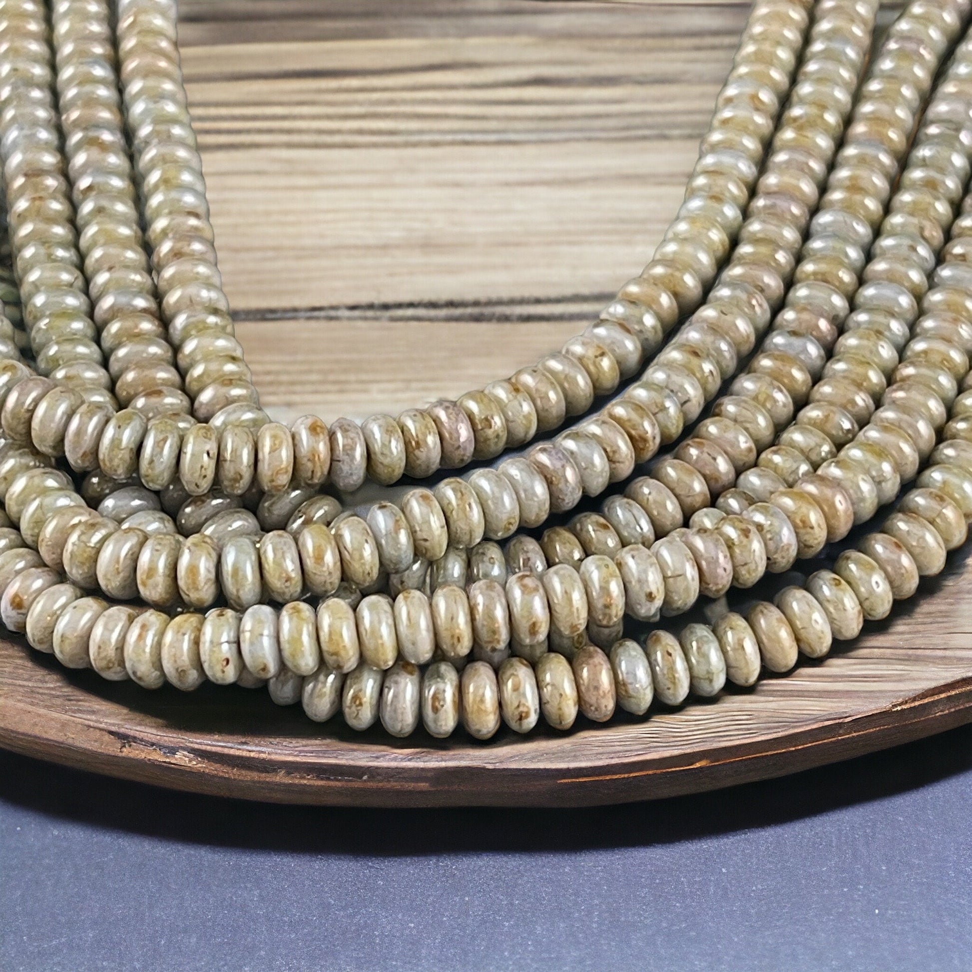Czech Beads - 4x2mm Heishi Rondelle, Opaque Green Luster Picasso (RD4/SM-P65431) * Qty. 100