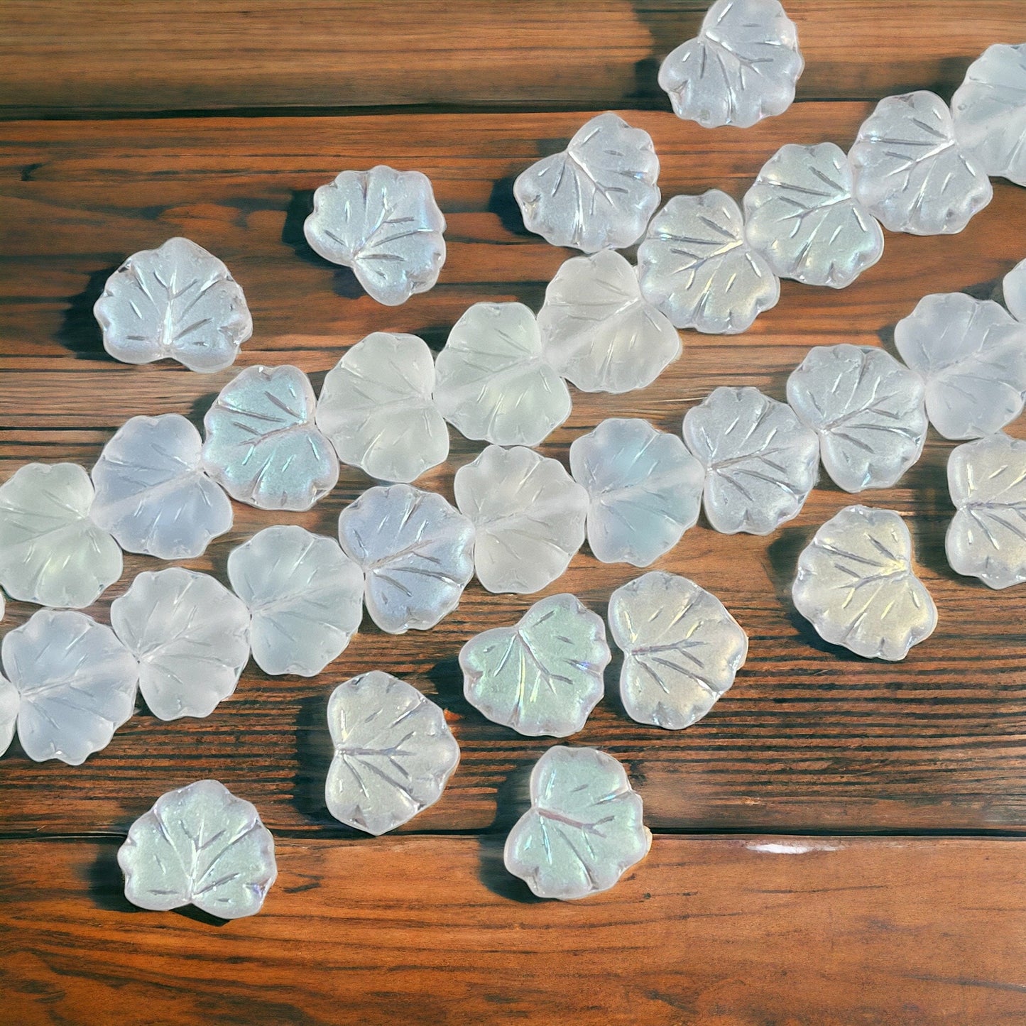 Czech Glass Leaf Beads - 10x13mm Frosty White Maple Leaf with AB Finish (ML45) * Qty. 10