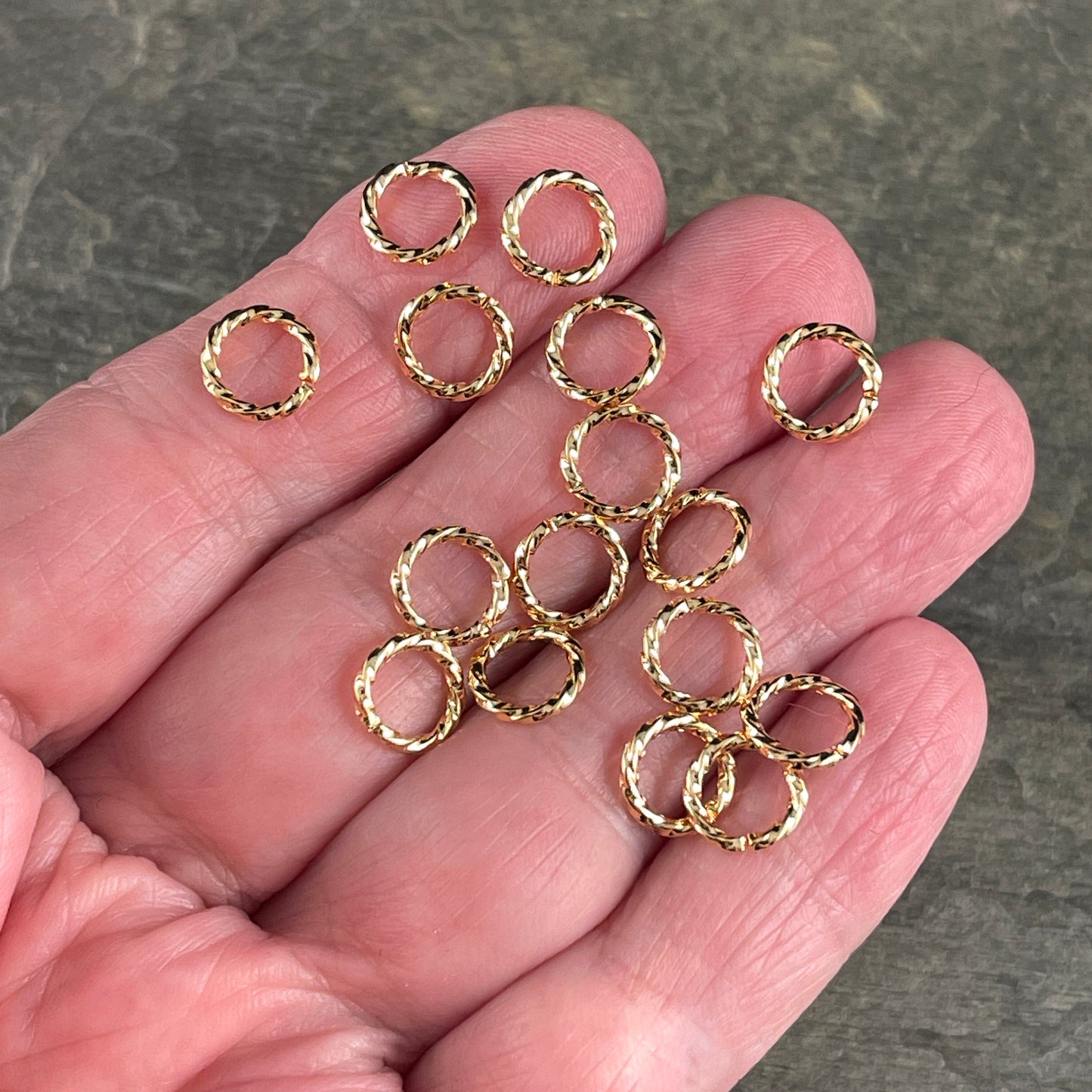 8mm Gold Twisted Jump Rings ~ 16 gauge Decorative Open Jumprings ~ Twisted Gold Plated Brass Jump Rings (FMG/5028) * Qty. 50