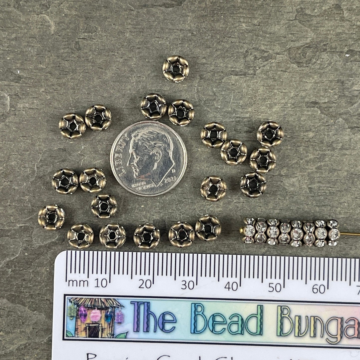 6mm Wavy Rhinestone Spacer Beads ~ Antiqued Brass Rondelle ~ Small Vintage Style Rhinestone Rondelle Spacer (A014-L6mm-ABNF) * Qty. 30