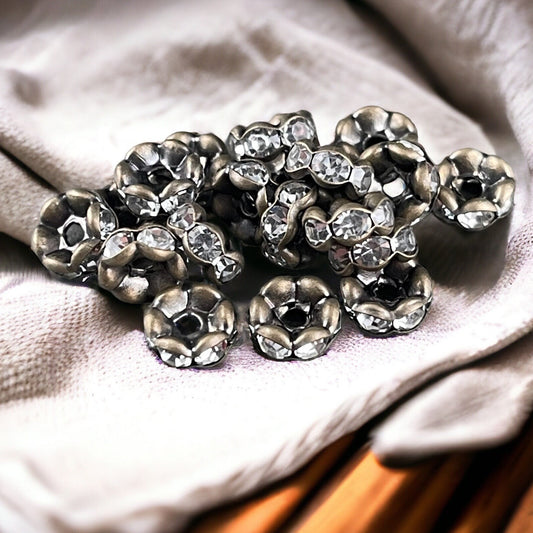 6mm Wavy Rhinestone Spacer Beads ~ Antiqued Brass Rondelle ~ Small Vintage Style Rhinestone Rondelle Spacer (A014-L6mm-ABNF) * Qty. 30