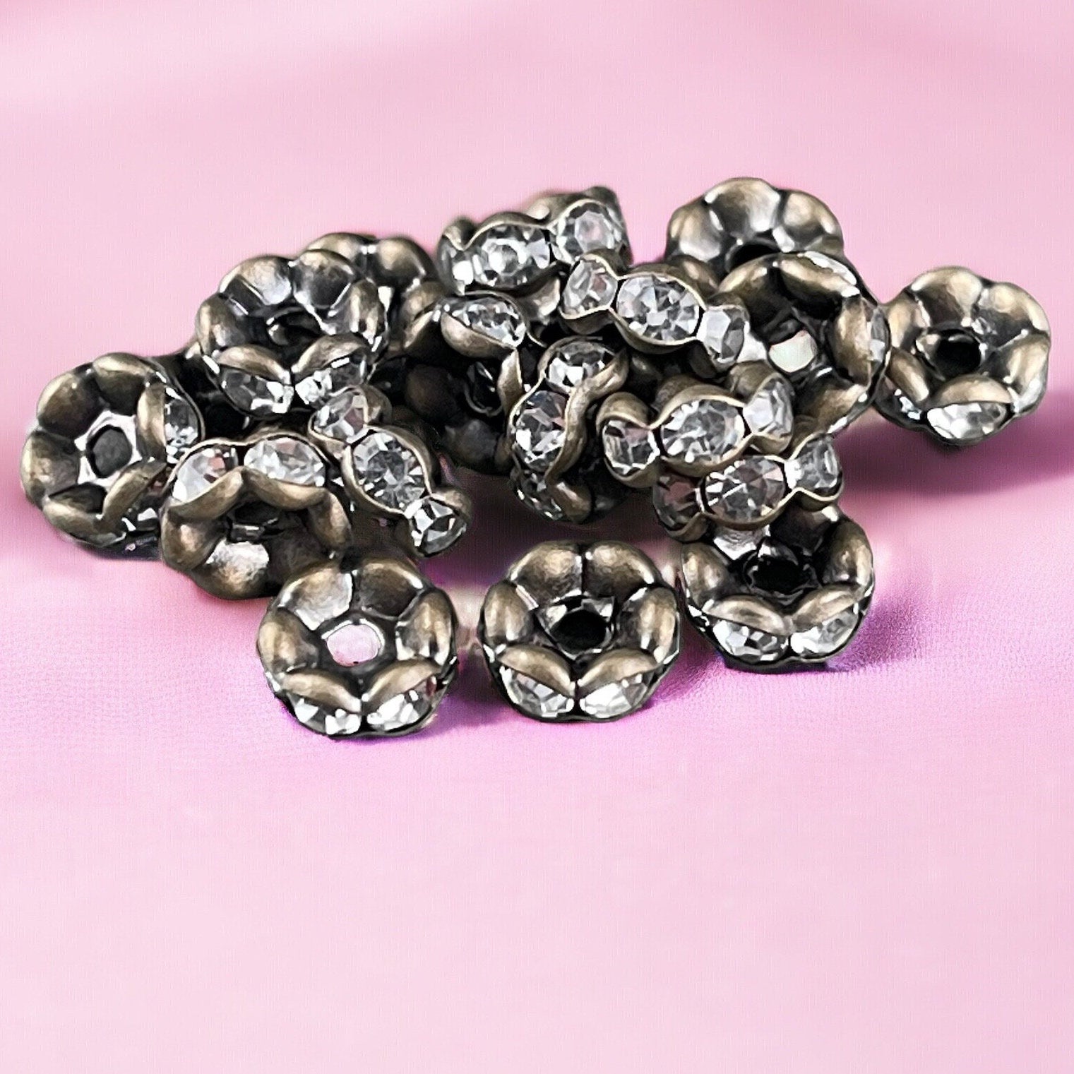 6mm Wavy Rhinestone Spacer Beads ~ Antiqued Brass Rondelle ~ Small Vintage Style Rhinestone Rondelle Spacer (A014-L6mm-ABNF) * Qty. 30