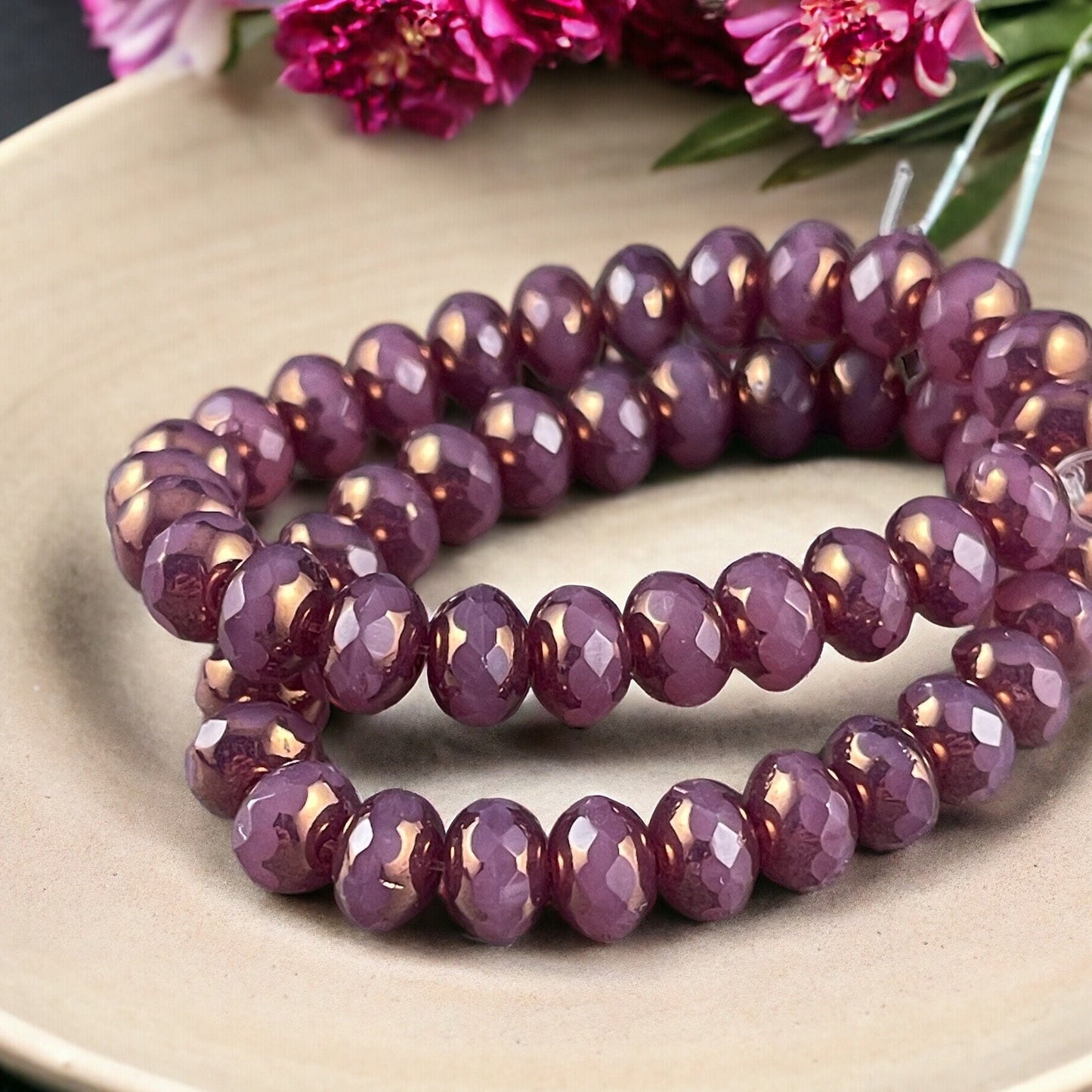 Czech Glass Beads - 7x5mm Mauve Pink Rondelle, Opaque Pink Silk Picasso Glass Beads (R7/N-1265) * Qty. 25