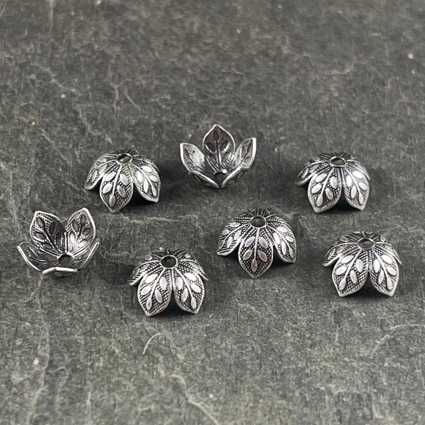 Silver Leaf Embossed Bead Caps, Oxidized Silver Plated Brass Bead Caps, 8mm Bead Caps, Silver Floral Bead Caps (VJS-R408) * Qty. 8