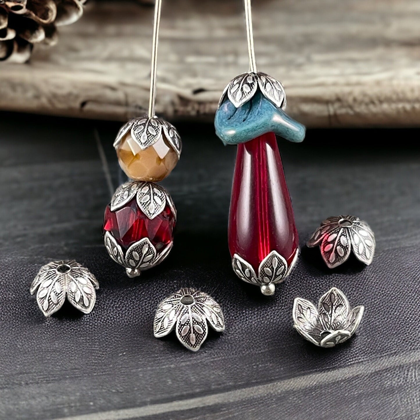 Silver Leaf Embossed Bead Caps, Oxidized Silver Plated Brass Bead Caps, 8mm Bead Caps, Silver Floral Bead Caps (VJS-R408) * Qty. 8
