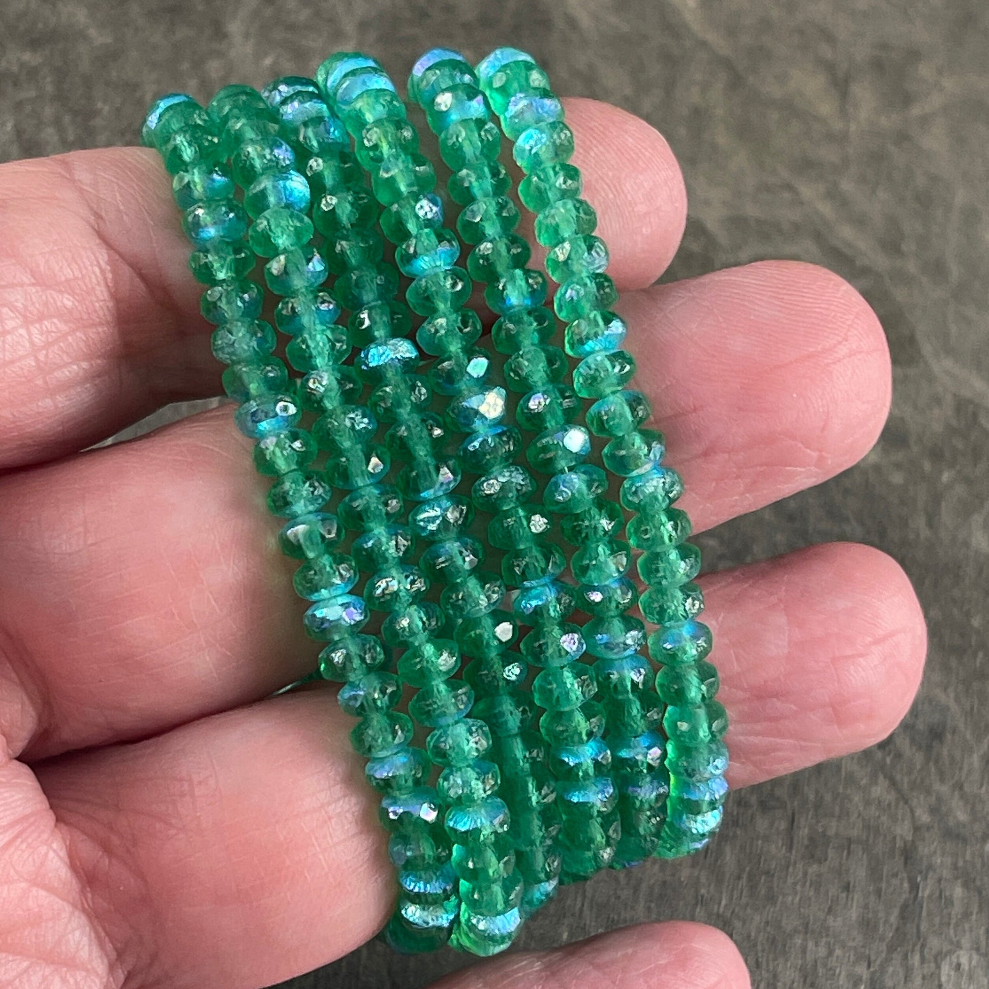 Czech Beads - 4x2.5mm Faceted Rondelles, Etched Green with AB Finish (RON3/N-1718) * 50 Beads