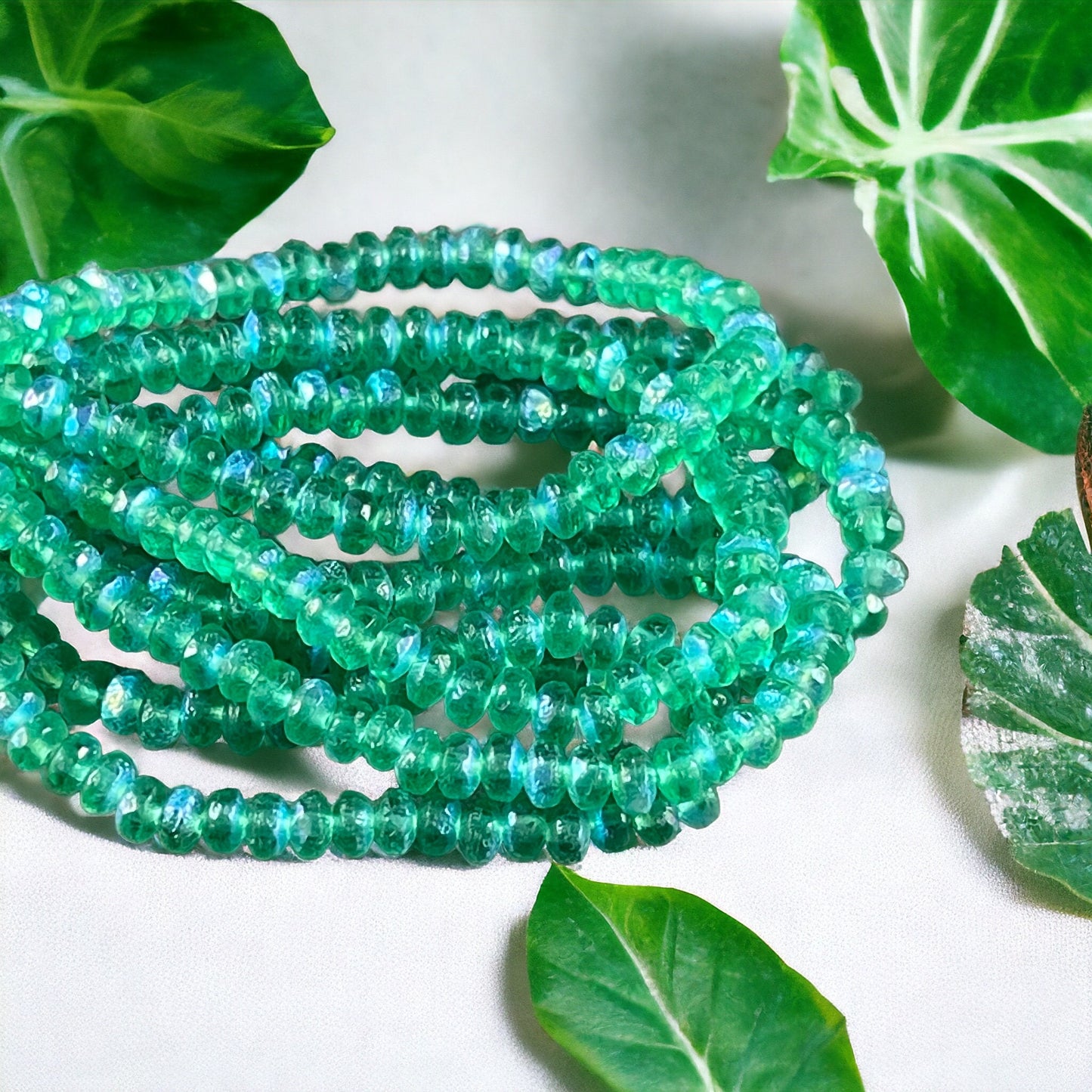 Czech Beads - 4x2.5mm Faceted Rondelles, Etched Green with AB Finish (RON3/N-1718) * 50 Beads