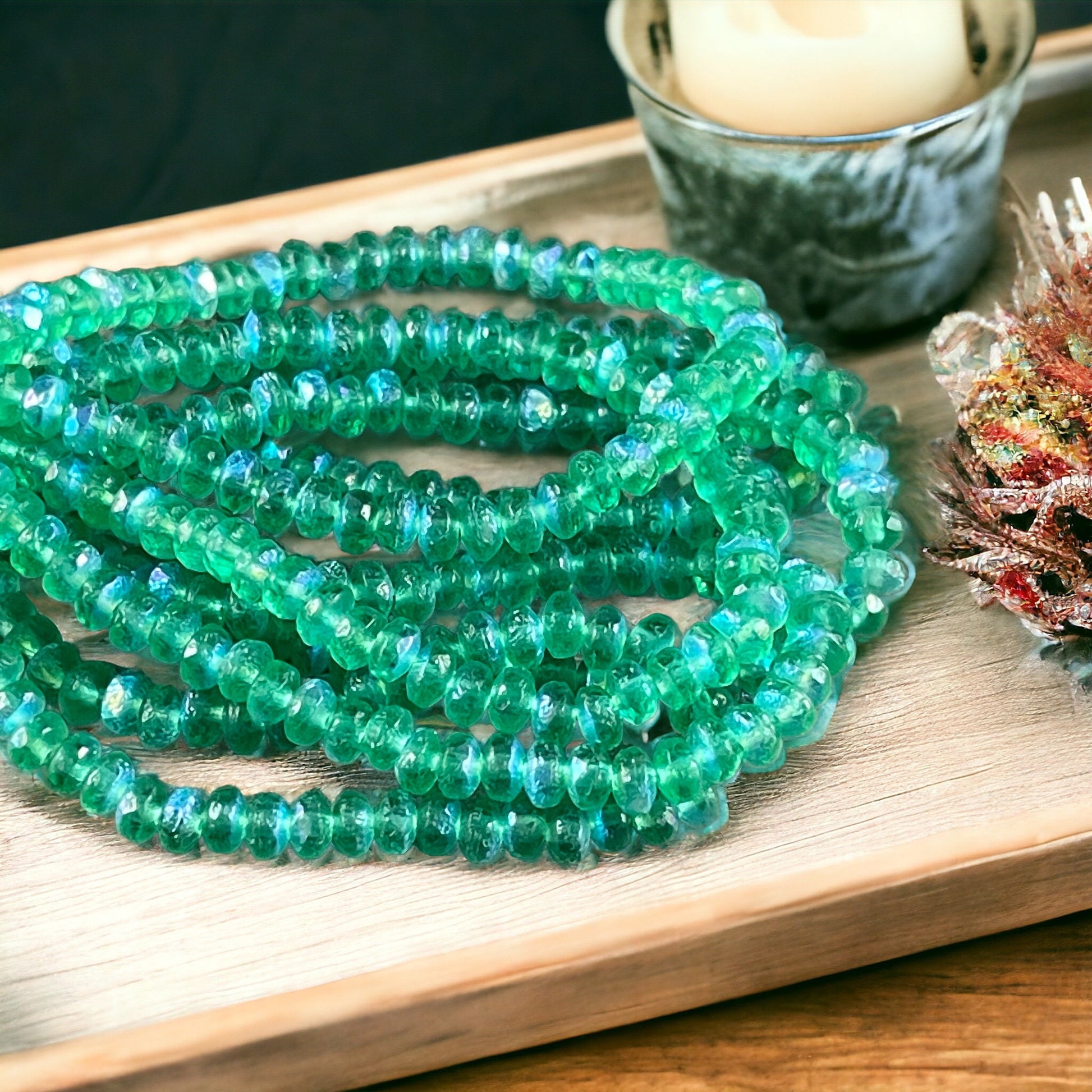 Czech Beads - 4x2.5mm Faceted Rondelles, Etched Green with AB Finish (RON3/N-1718) * 50 Beads