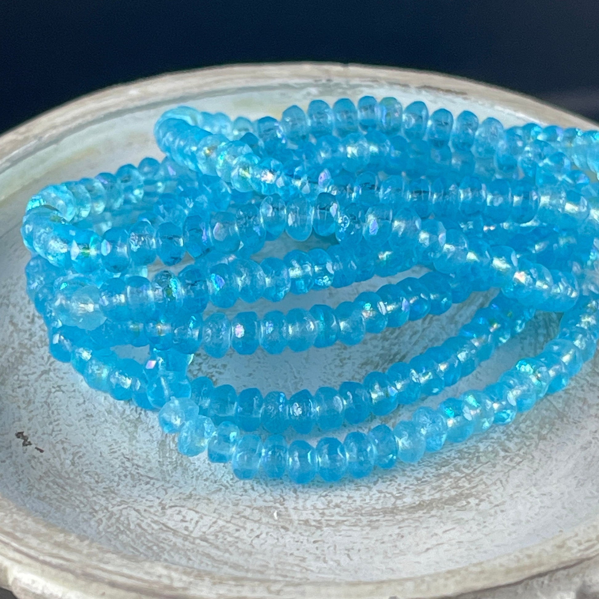 Czech Glass Beads - 4x2.5mm Faceted Rondelles, Etched Light Blue with AB Finish (RON3/N-0412) * Qty. 50