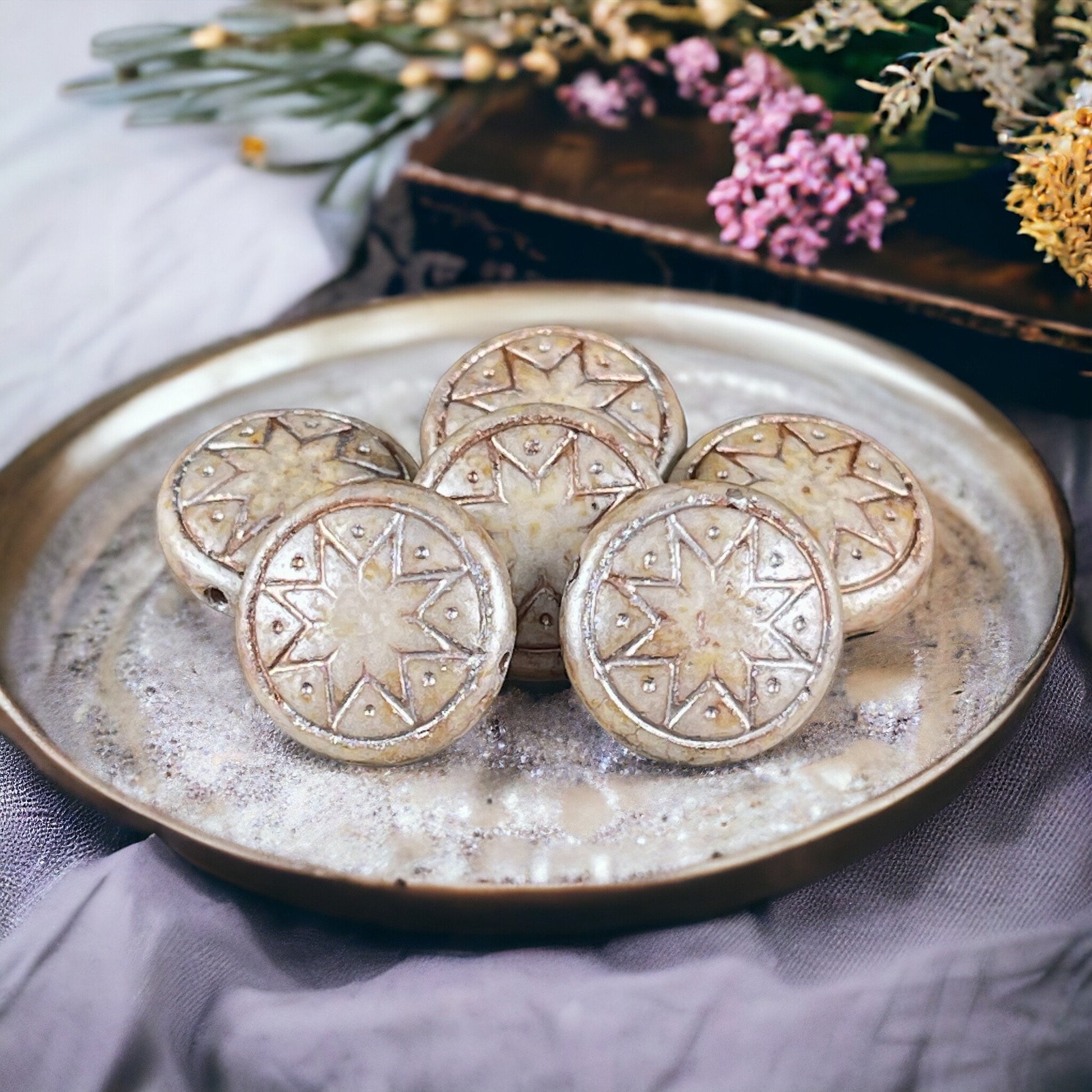 Czech Glass Beads - 14mm Star of Ishtar, Alabaster Beige with Platinum Wash (PSOI-9) * Qty. 6