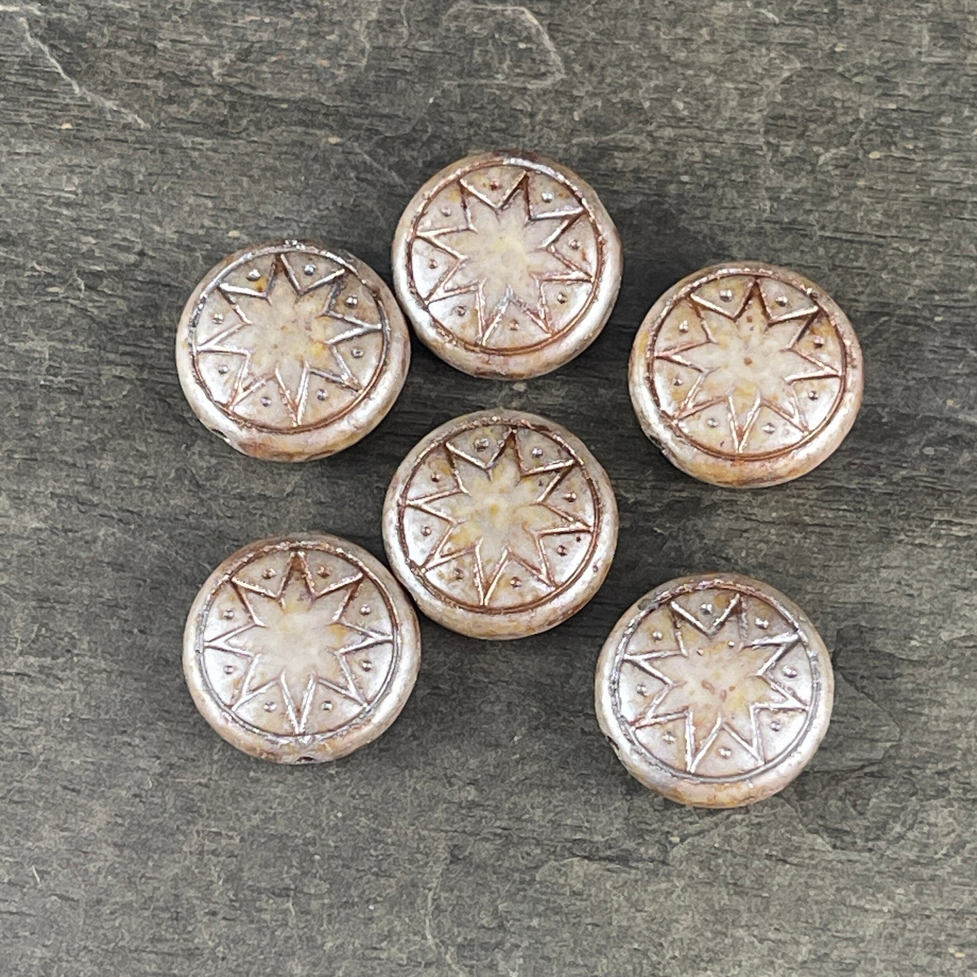 Czech Glass Beads - 14mm Star of Ishtar, Alabaster Beige with Platinum Wash (PSOI-9) * Qty. 6