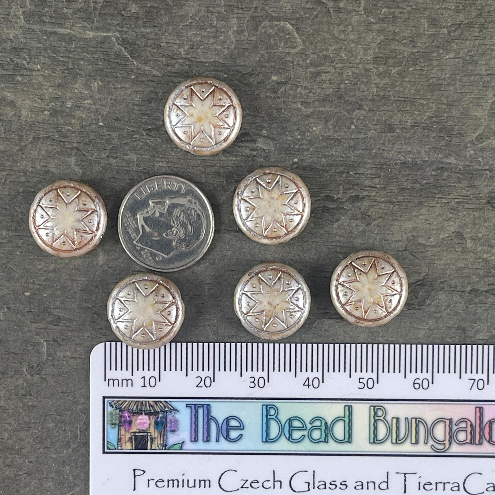 Czech Glass Beads - 14mm Star of Ishtar, Alabaster Beige with Platinum Wash (PSOI-9) * Qty. 6