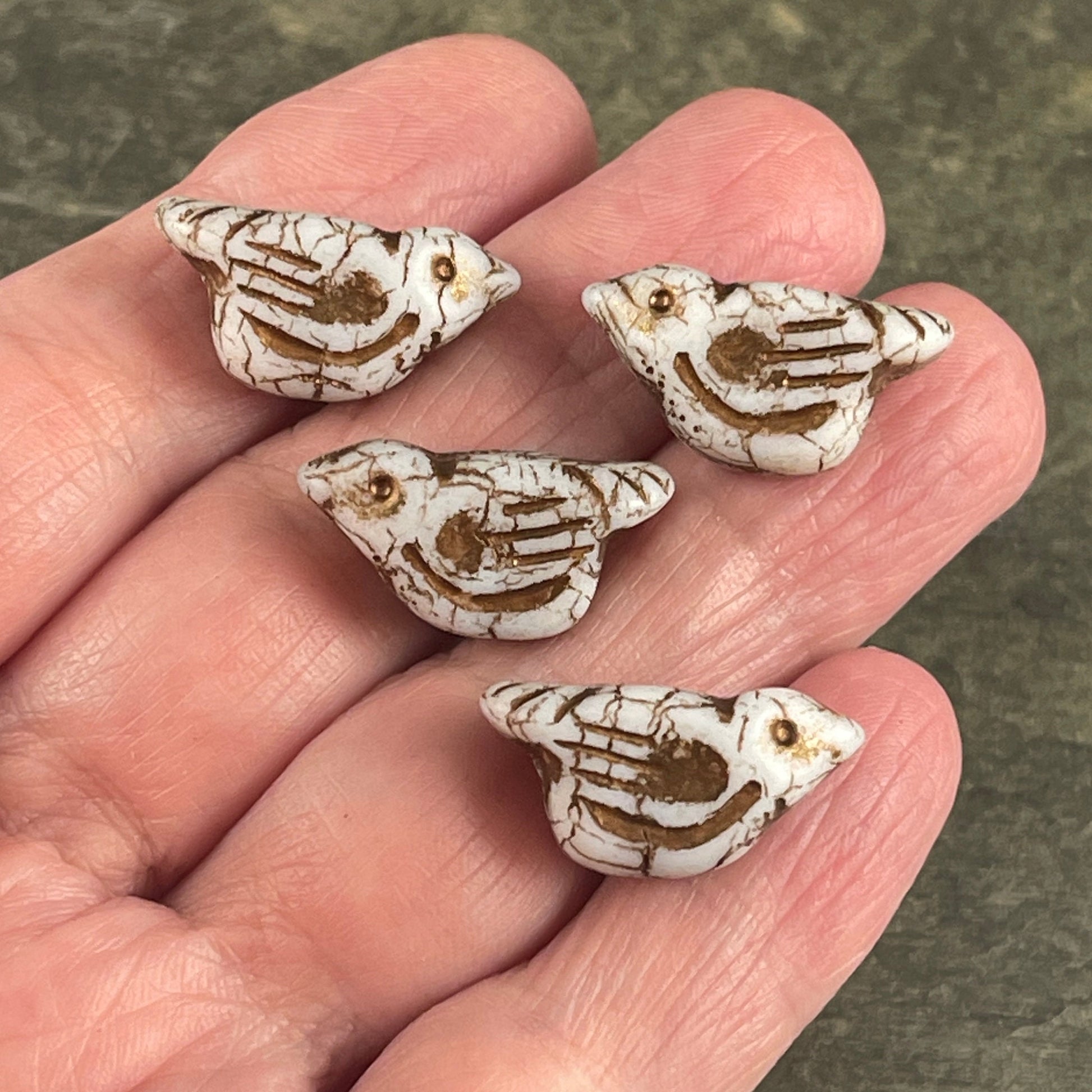 Czech Glass Beads - Matte White Bird with Bronze Wash, Nature Theme Bird Focal Beads, 11x22mm Rustic Chunky Bird Beads (N-0588) * Qty. 4