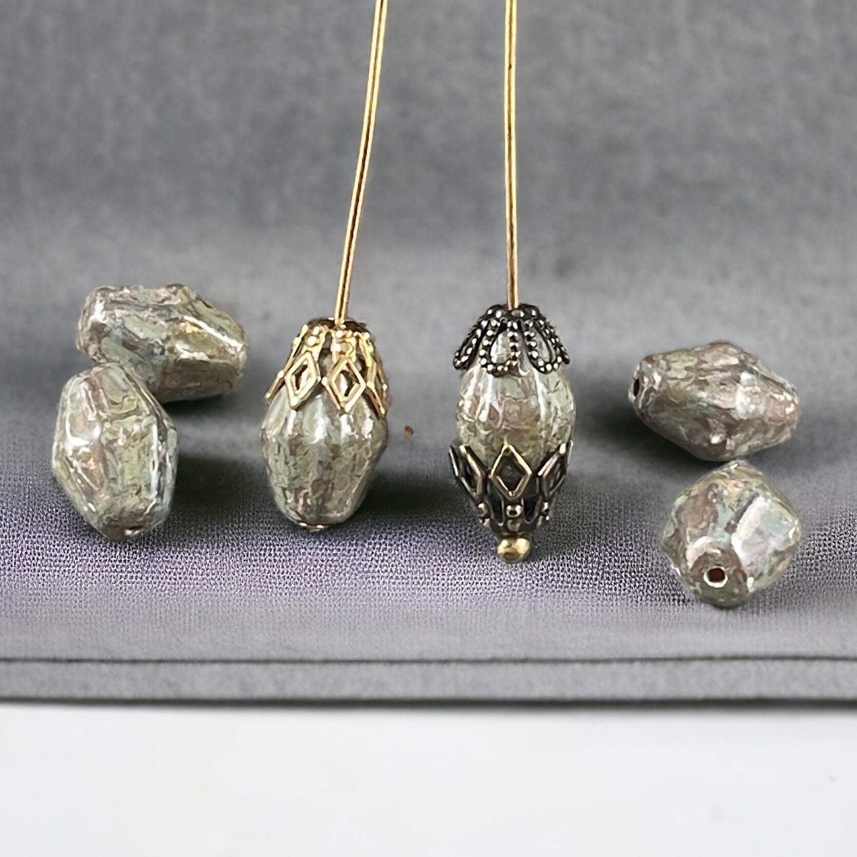 Czech Glass Beads - 10x8mm Olive Green Bicone, Olive Green Picasso Beads with Rembrandt Finish (BICON-12) * Qty. 10