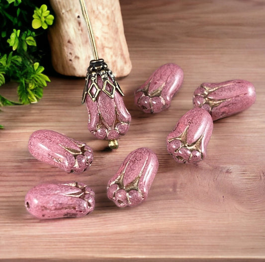 Czech Glass Beads - 12x8mm Lily Bud Flower, Milky Rose Pink with Bronze Wash (LBud5) * Qty. 12