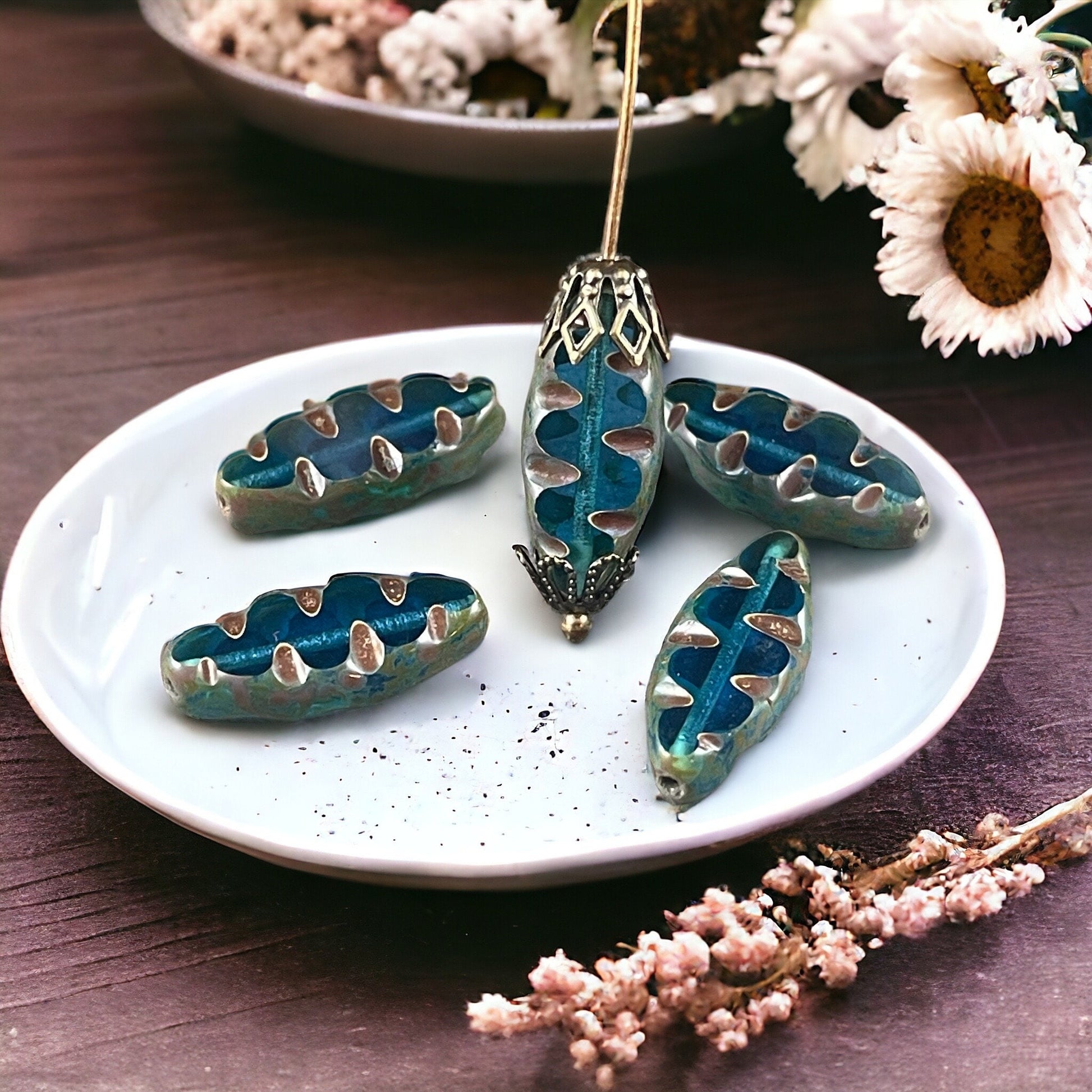 Capri Blue Oval Beads, Blue Textured Spindle Bead, Capri Blue Picasso Bead, 17x8mm Blue Czech Beads, Czech Glass Beads (TSpndl5) * Qty. 8