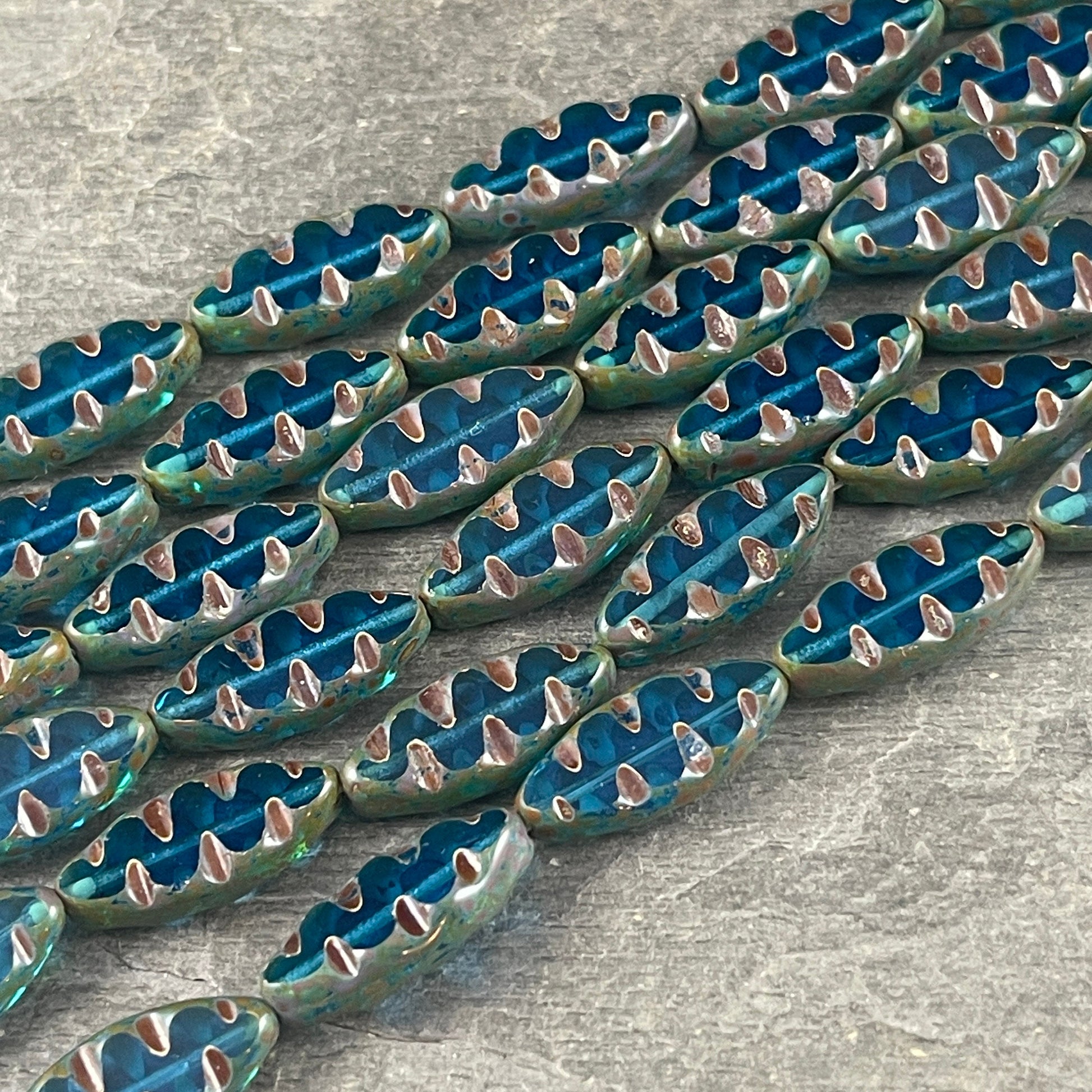 Capri Blue Oval Beads, Blue Textured Spindle Bead, Capri Blue Picasso Bead, 17x8mm Blue Czech Beads, Czech Glass Beads (TSpndl5) * Qty. 8
