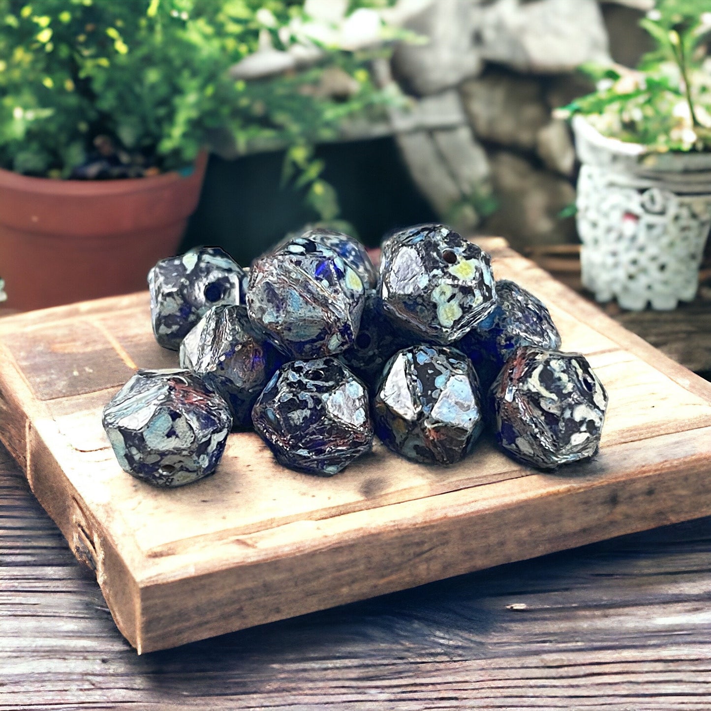 Czech Glass Beads - 10mm Cobalt Picasso English Cut Beads, Dark Blue Picasso Beads (EC/N-1249) * Qty. 10