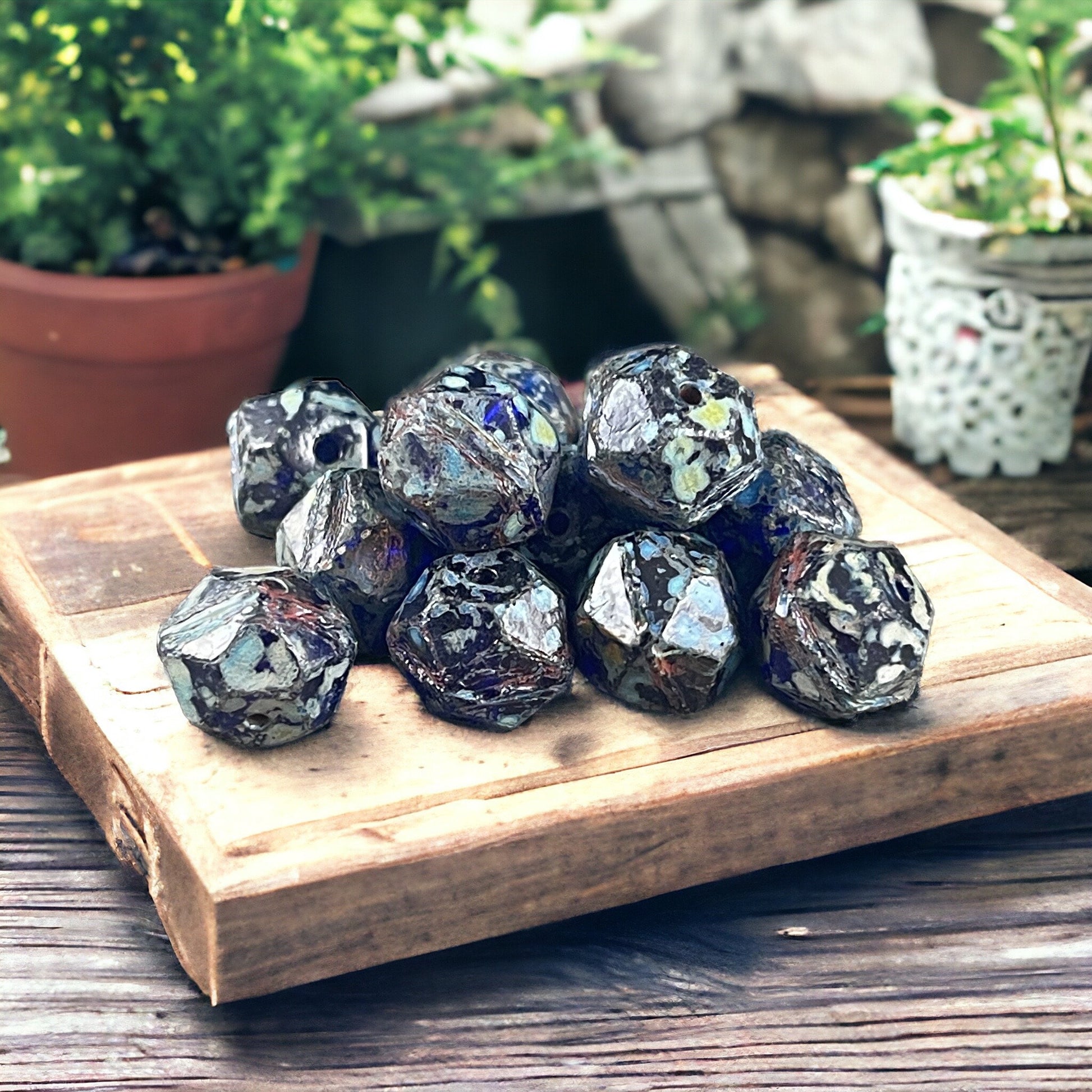 Czech Glass Beads - 10mm Cobalt Picasso English Cut Beads, Dark Blue Picasso Beads (EC/N-1249) * Qty. 10