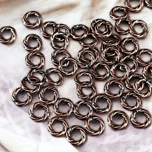 6mm Twisted Jump Rings, 16g Antiqued Copper Decorative Open Jump Rings (5044) * Qty. 100
