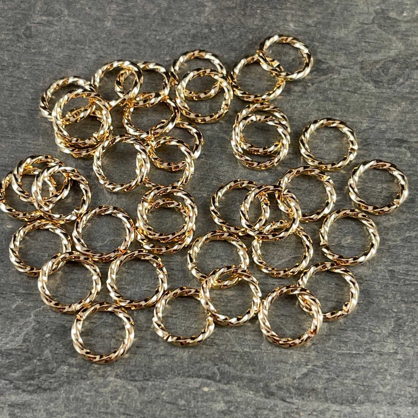 8mm Gold Twisted Jump Rings ~ 16 gauge Decorative Open Jumprings ~ Twisted Gold Plated Brass Jump Rings (FMG/5028) * Qty. 50