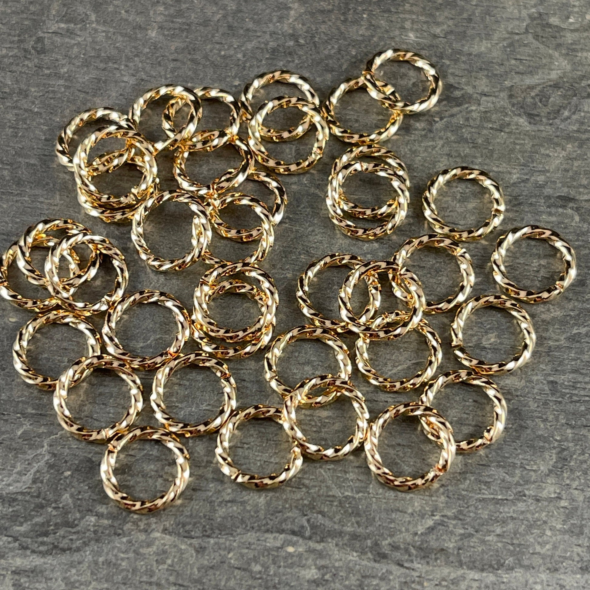 8mm Gold Twisted Jump Rings ~ 16 gauge Decorative Open Jumprings ~ Twisted Gold Plated Brass Jump Rings (FMG/5028) * Qty. 50