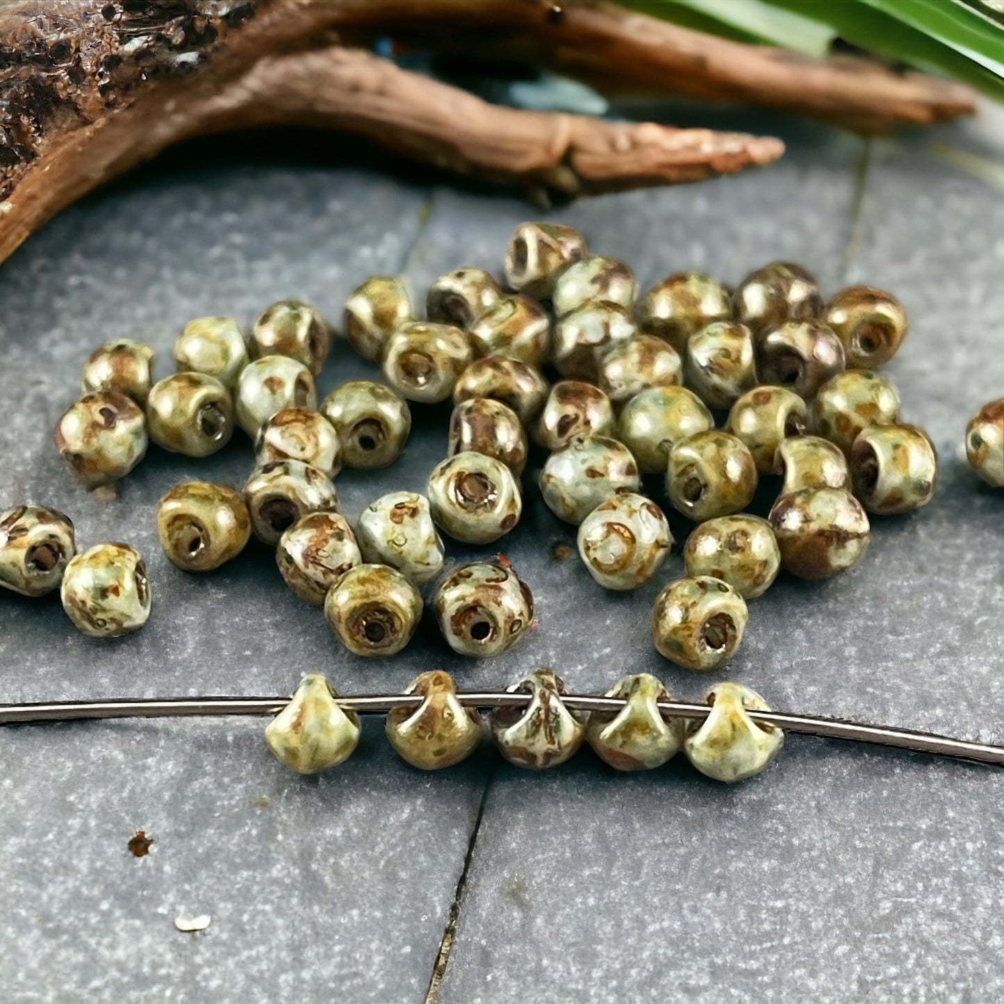 Czech Glass Beads - Sage Green Picasso 4x4mm Briolette Mushroom (BB-Mushroom) * Qty. 50