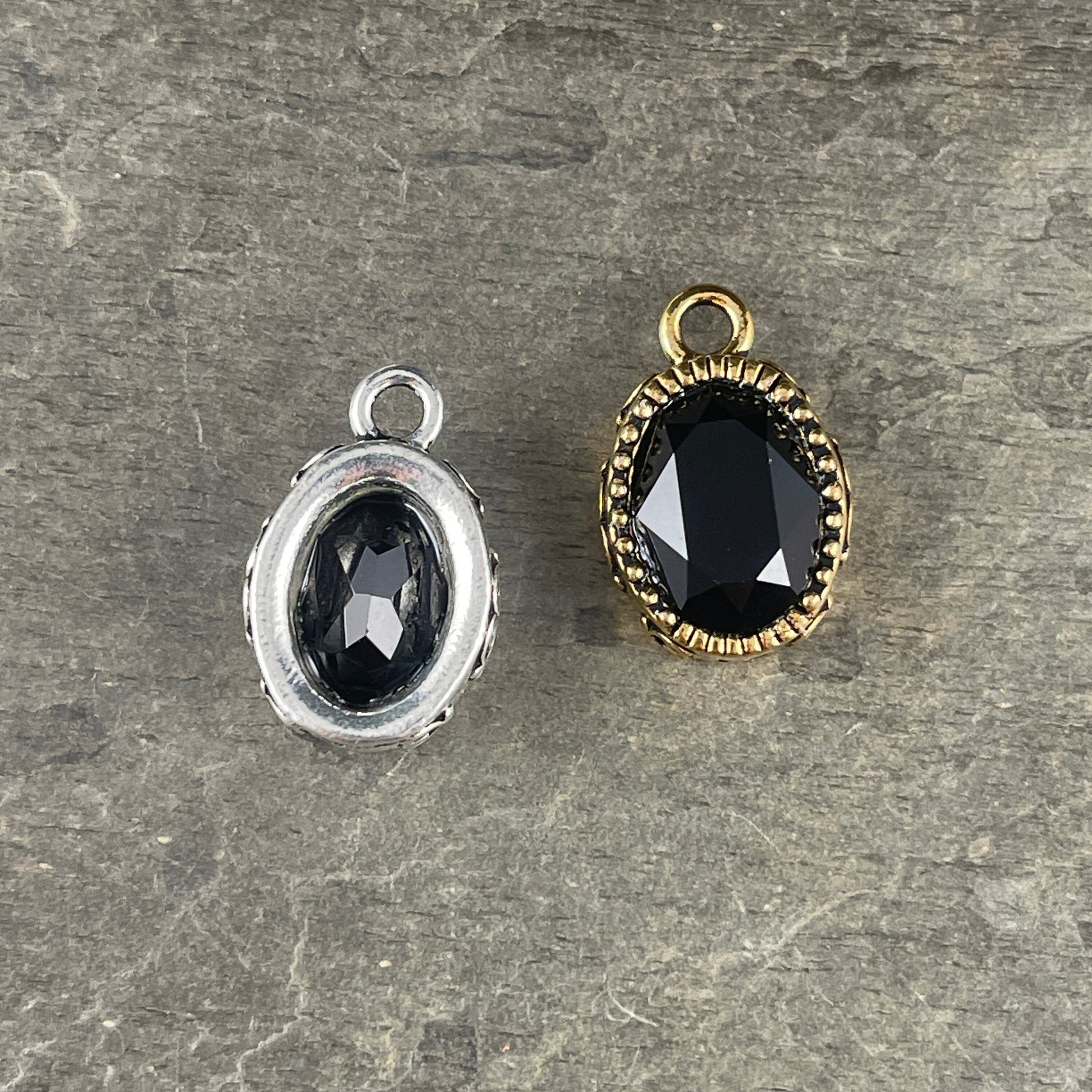 Celestial Brilliance Black Crystal Pendant, Oval Crystal Pendant, Elegant Antiqued Gold or Antiqued Silver Oval Pendant (TC/6843) * Qty. 1