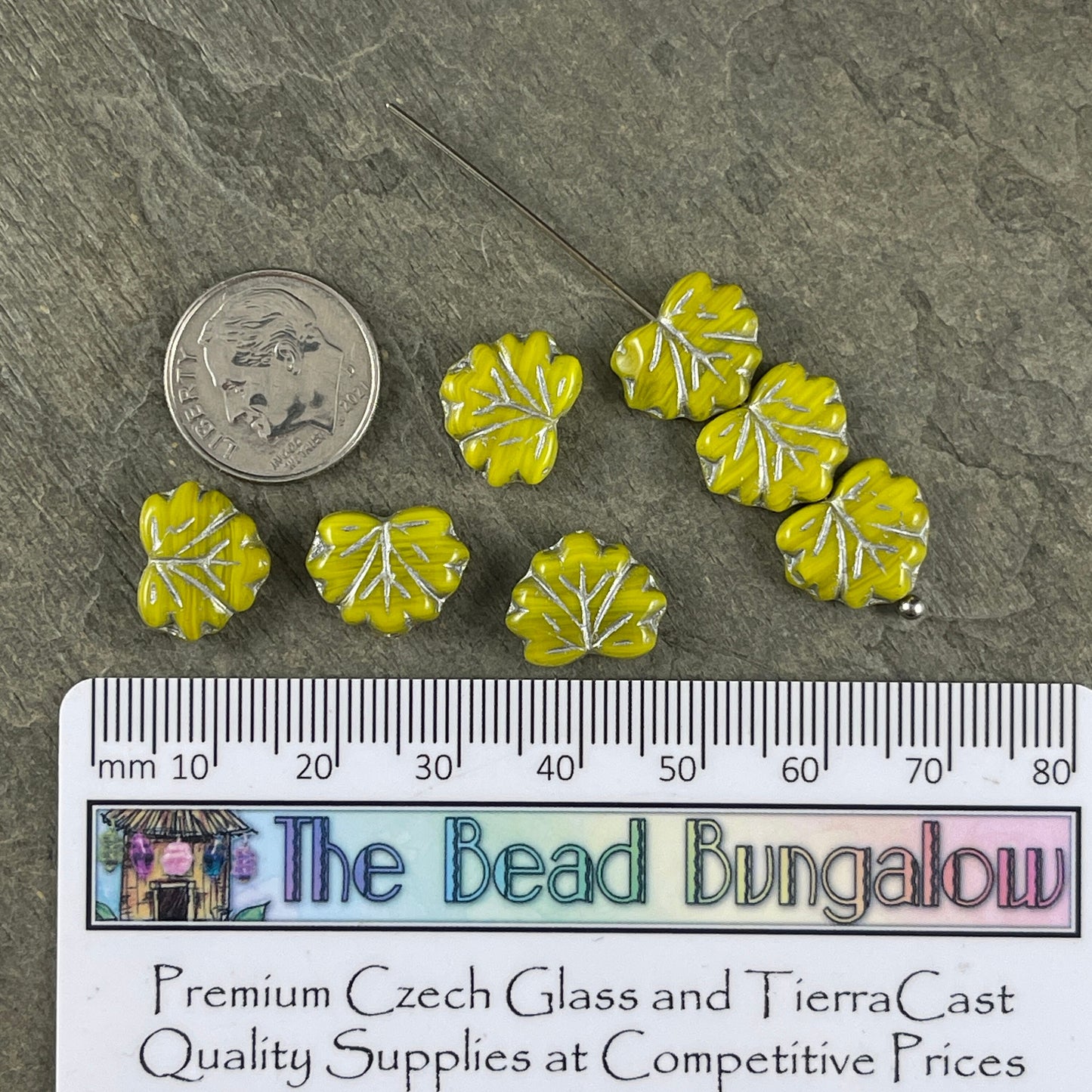 Czech Glass Beads - Bright Green Maple Leaf Beads, 10x13mm Opaque Chartreuse with Silver Wash (ML-48) * Qty. 12