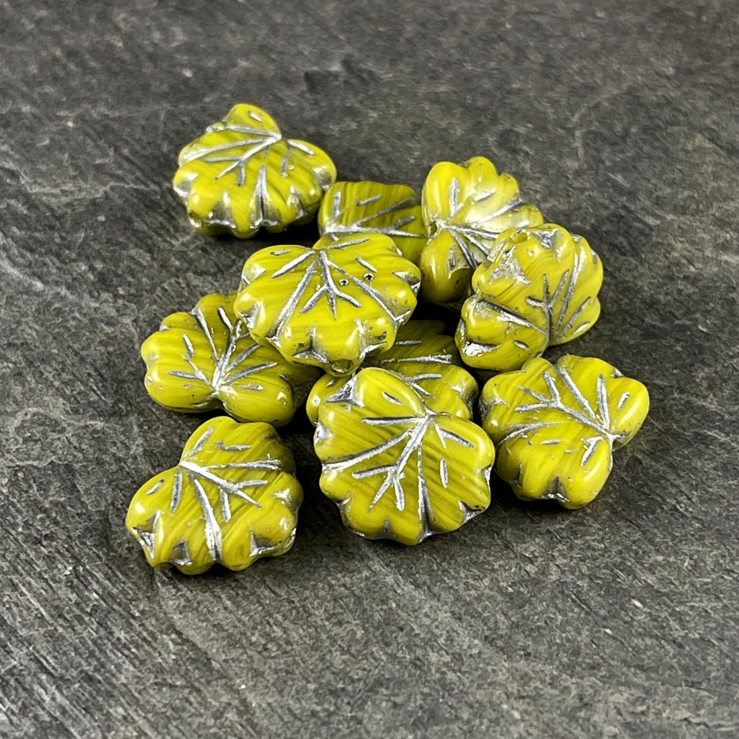 Czech Glass Beads - Bright Green Maple Leaf Beads, 10x13mm Opaque Chartreuse with Silver Wash (ML-48) * Qty. 12