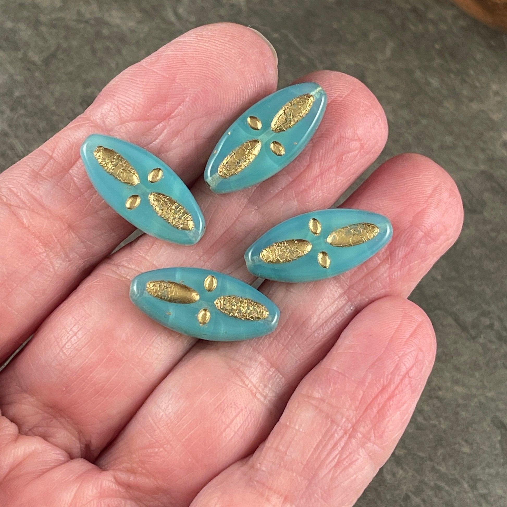 Czech Glass Beads - 20x9mm Marquise Shape, Aqua Opal with Gold Wash (PSpndl-1) * Qty. 8