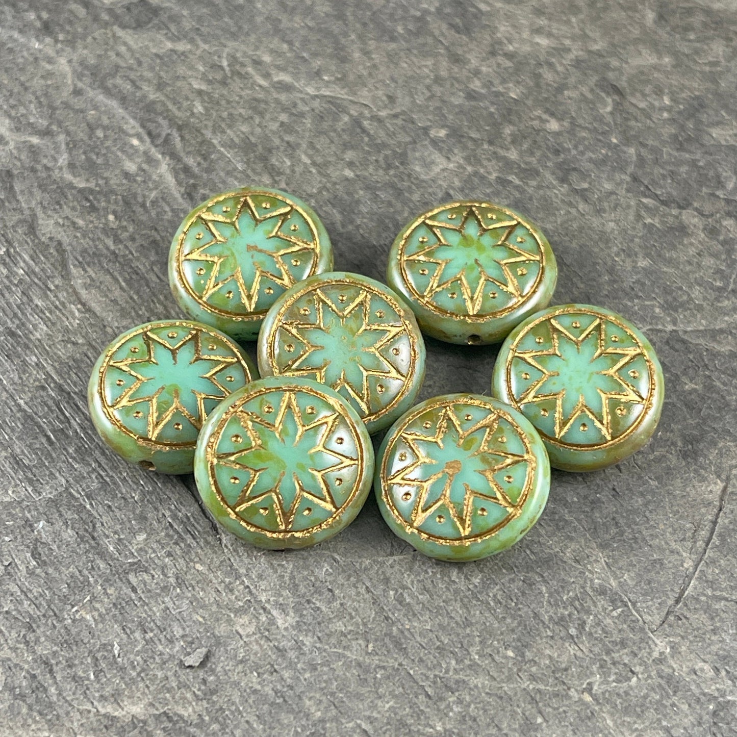 Czech Glass - 14mm Star of Ishtar, Turquoise Green Glass with Antiqued Gold Wash (PSOI-46) * Qty. 6