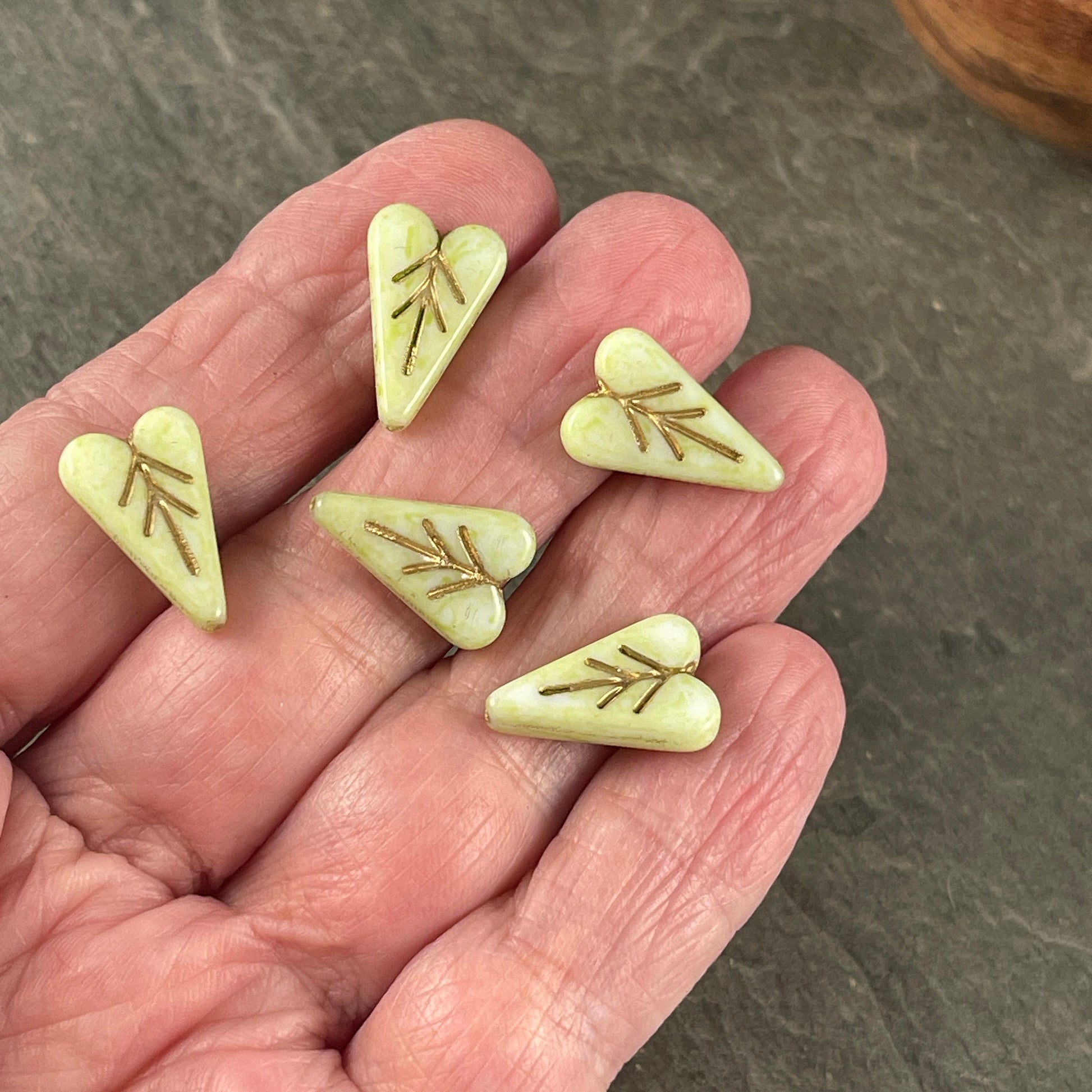 Pale Green and White Czech Glass Elongated Heart Shape Beads ~ 16x11mm Heart Leaf Bead with Gold Wash (HL-GrGold) * Qty. 6